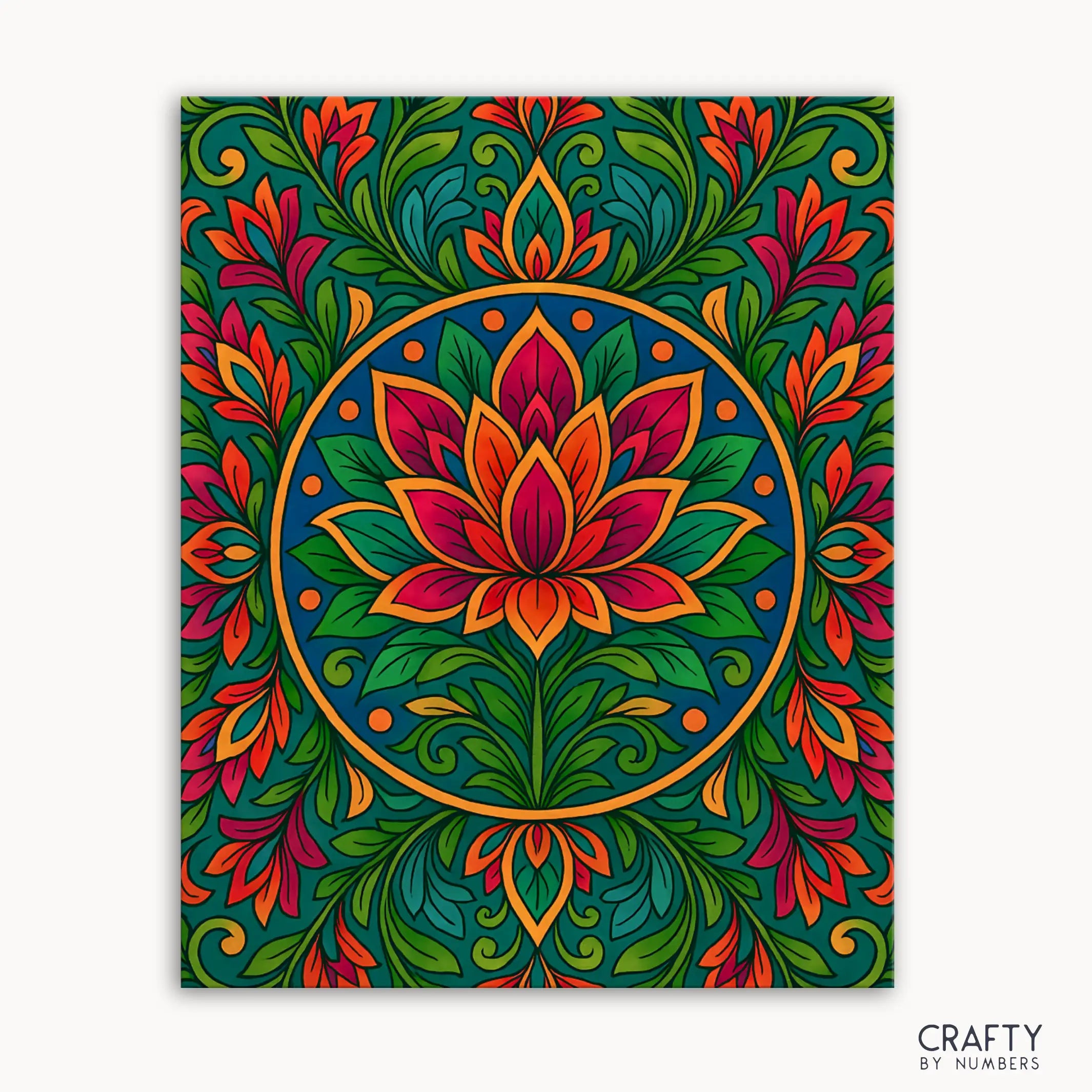 Lotus Rise Mandala Paint by Numbers kit featuring a radiant lotus flower blooming upward from lush greenery, surrounded by swirling floral details in warm tones