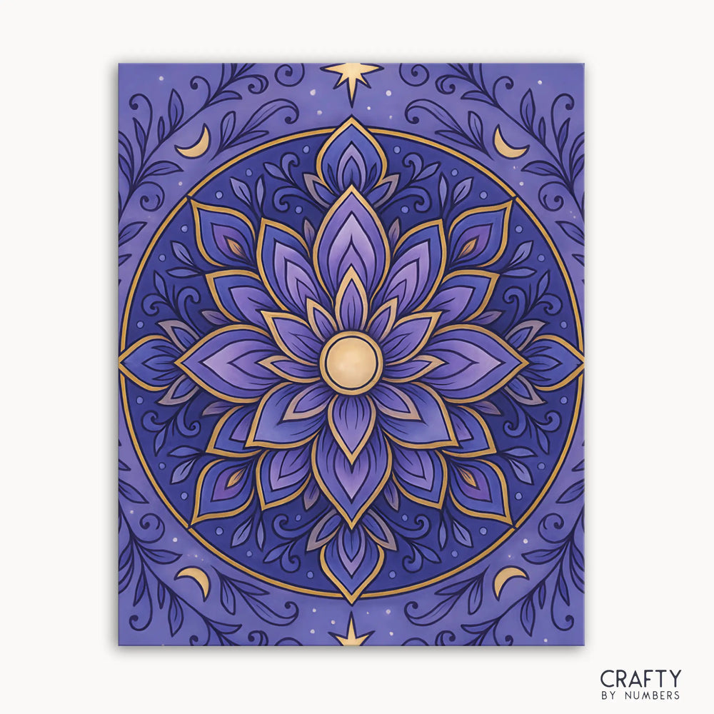 Celestial Lotus Mandala Paint by Numbers kit featuring a mystical mandala with blooming lotus petals surrounded by stars and glowing moons in rich violets and gold