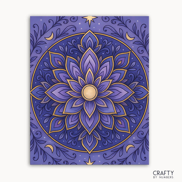 Celestial Lotus Mandala Paint by Numbers kit featuring a mystical mandala with blooming lotus petals surrounded by stars and glowing moons in rich violets and gold