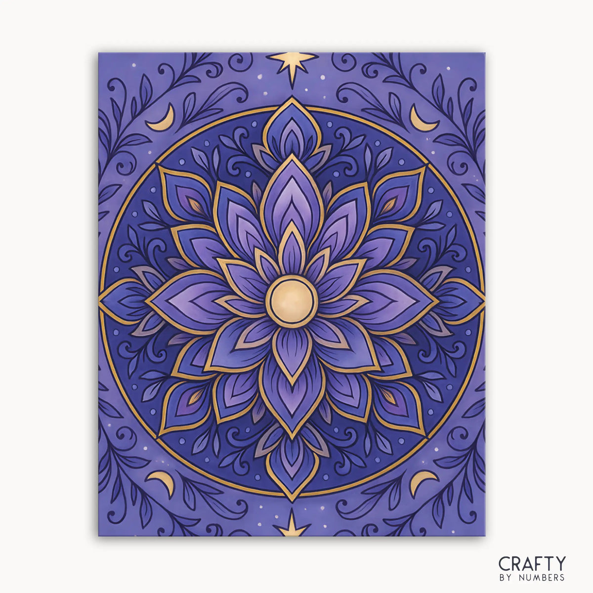 Kit de peinture par numéros de mandala de lotus céleste comprenant un mandala mystique avec des pétales de lotus en fleurs entourés d'étoiles et de lunes brillantes dans de riches violets et or