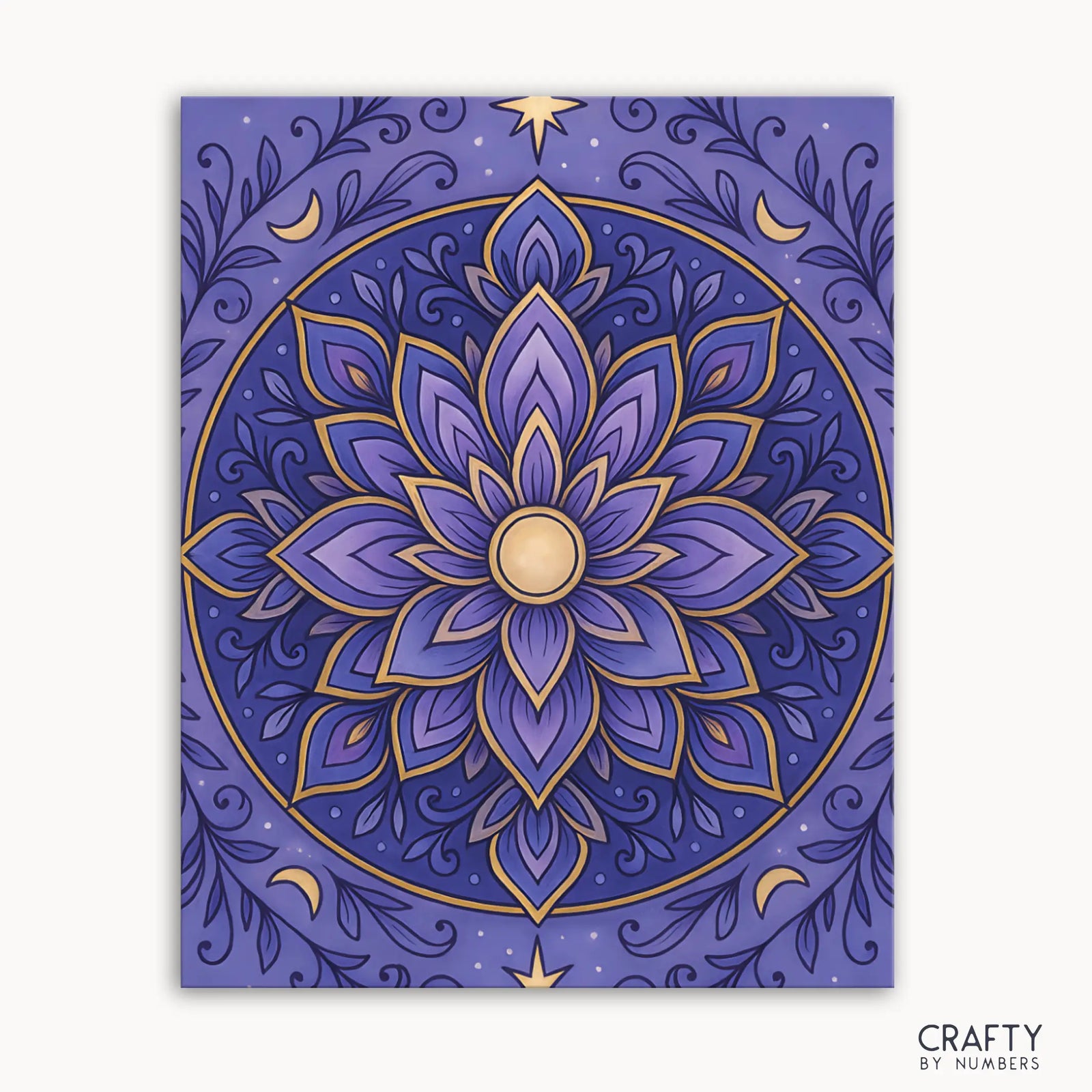 Kit de pintura por números Celestial Lotus Mandala que presenta un mandala místico con pétalos de loto en flor rodeados de estrellas y lunas brillantes en intensos violetas y oro.
