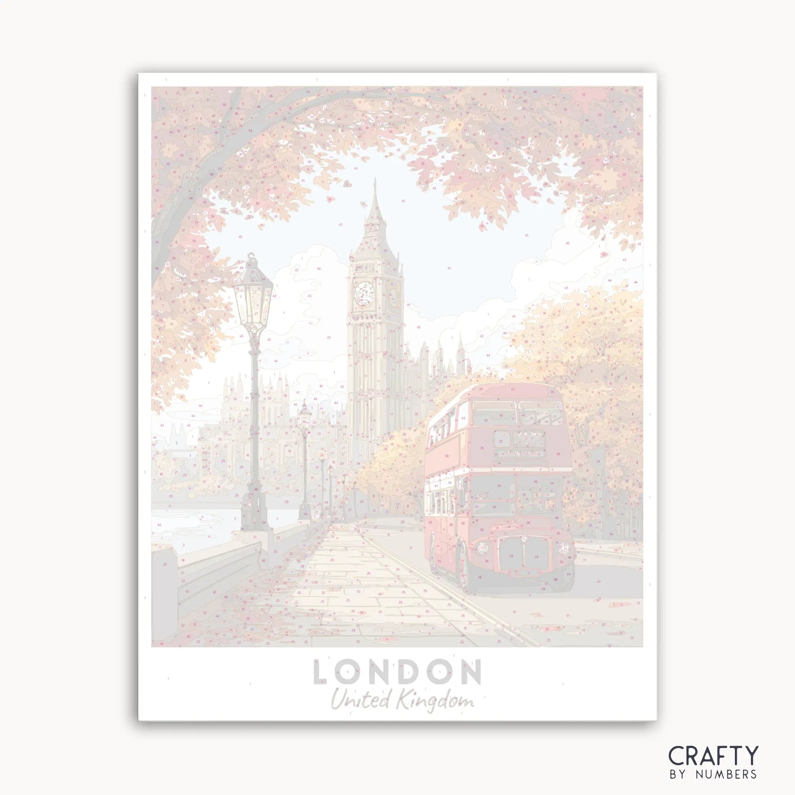 Gerahmtes Kunstwerk einer Londoner Szene mit Big Ben und einem roten Bus, beschriftet mit „Crafty by Numbers“.