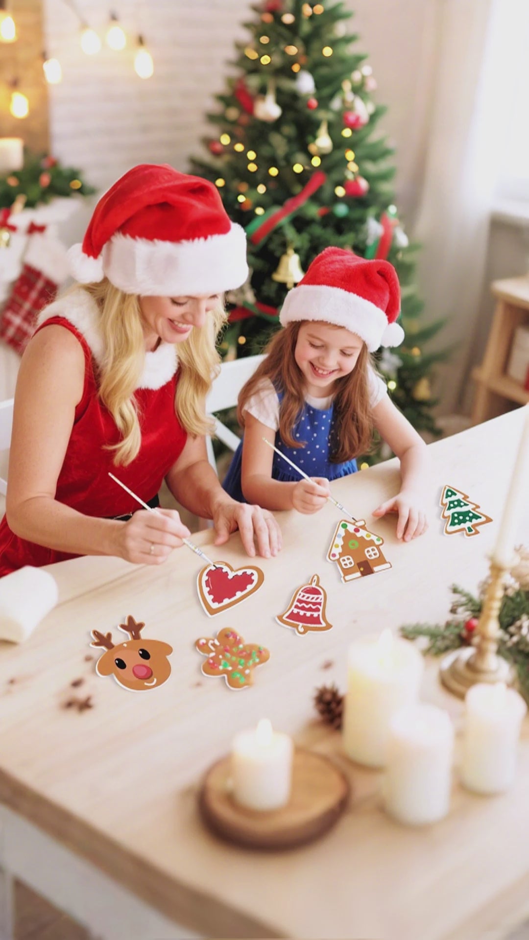 Holiday ornament set by Merry Moments, showcasing decorative balls and figures in red, gold, and green for Christmas décor.