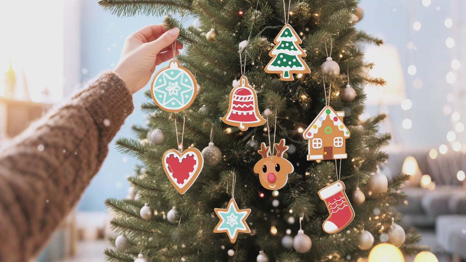 Merry Moments Set of Christmas ornaments featuring festive designs in red, green, and gold, perfect for holiday tree decoration.