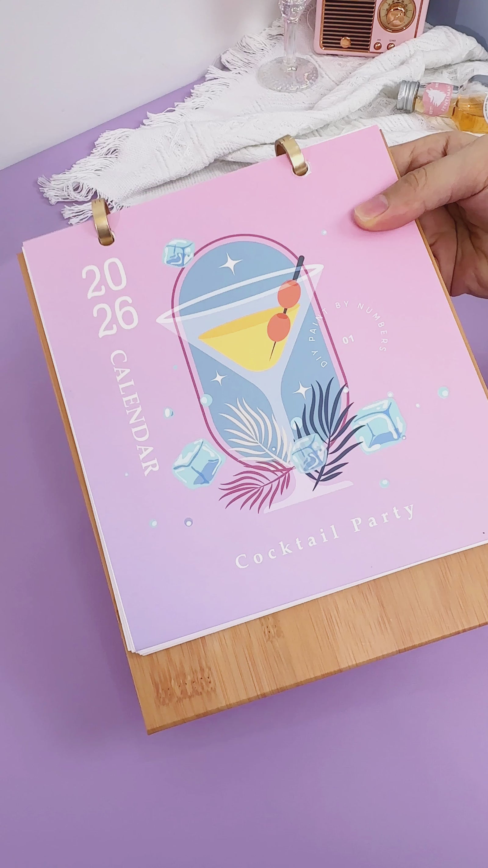 Paint by numbers DIY set featuring calendar and cocktail illustrations for artistic home décor fun.