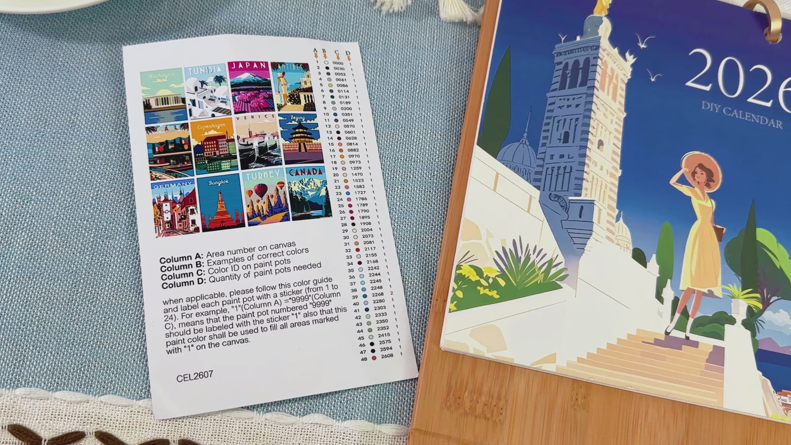 DIY paint by numbers kit featuring a travel-themed desk calendar layout for mindful painting.