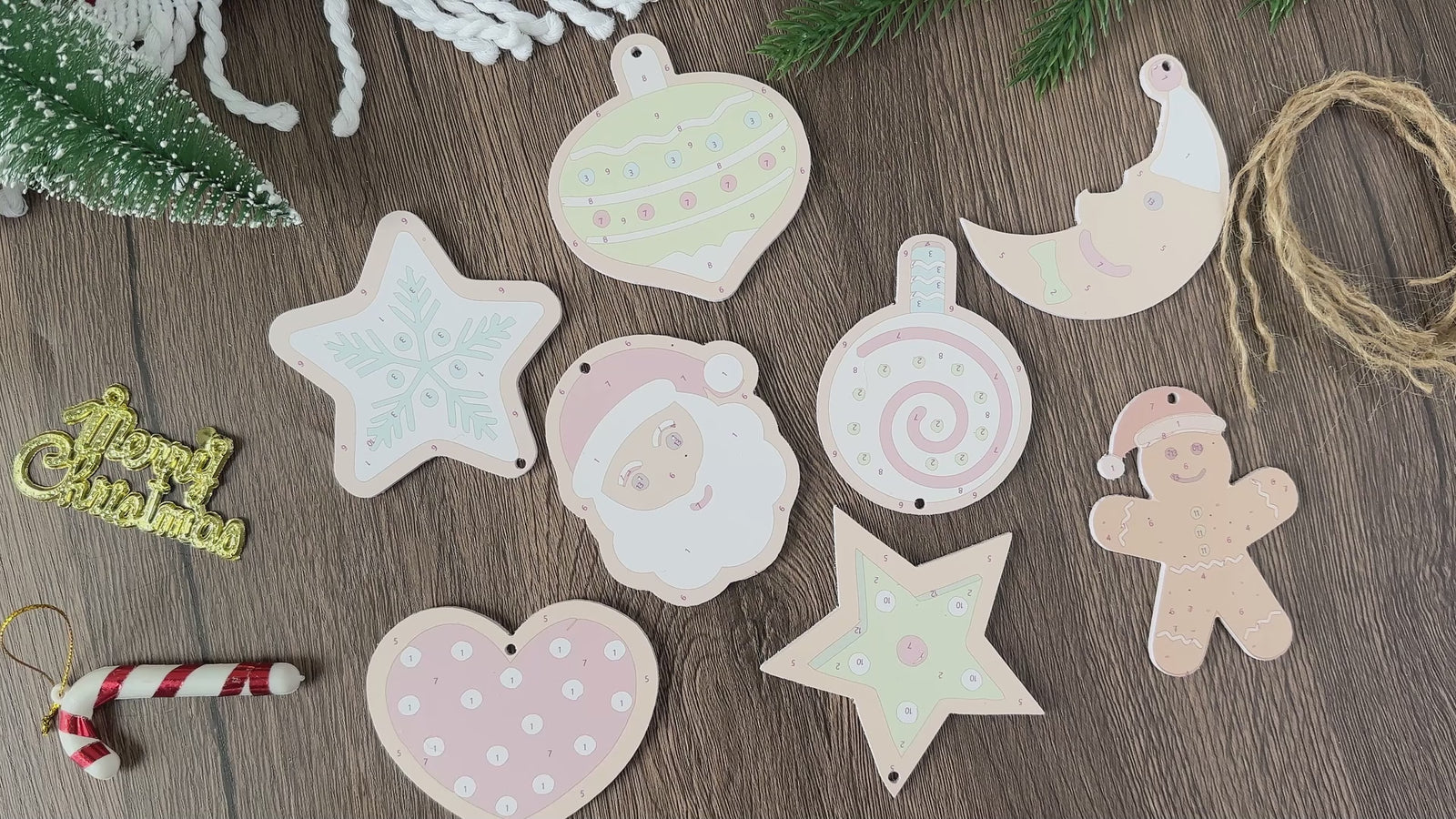 Festive ornaments shaped like Santa’s goodies, adding a cheerful touch to the Christmas tree.