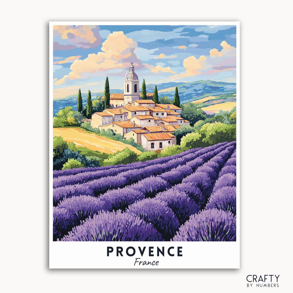 A travel poster depicting the scenic landscape of Provence, France, with lavender fields and a village.
