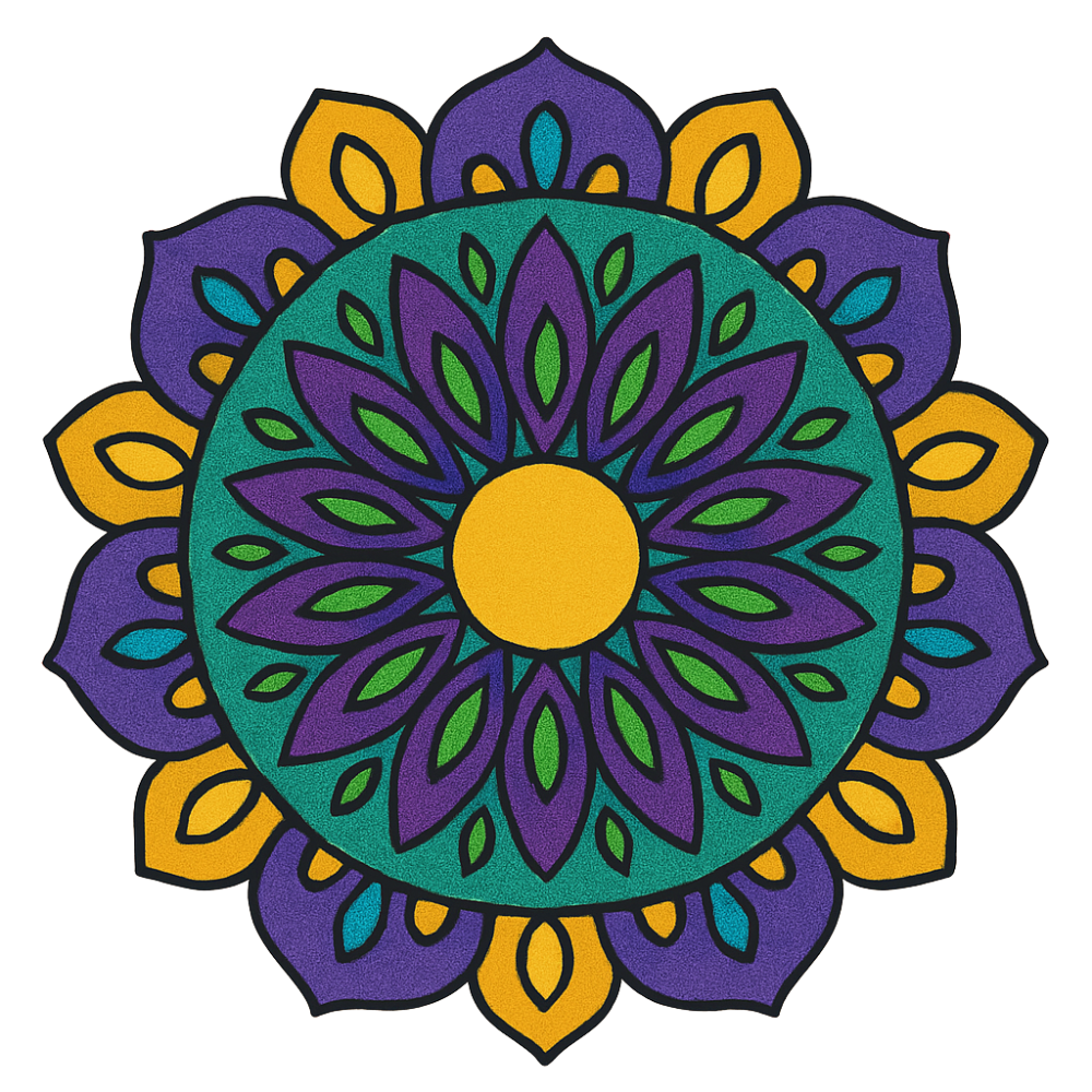 Finished Radiant Mandalas mini paintings displaying six colorful mandala artworks with vibrant hues and symmetrical designs