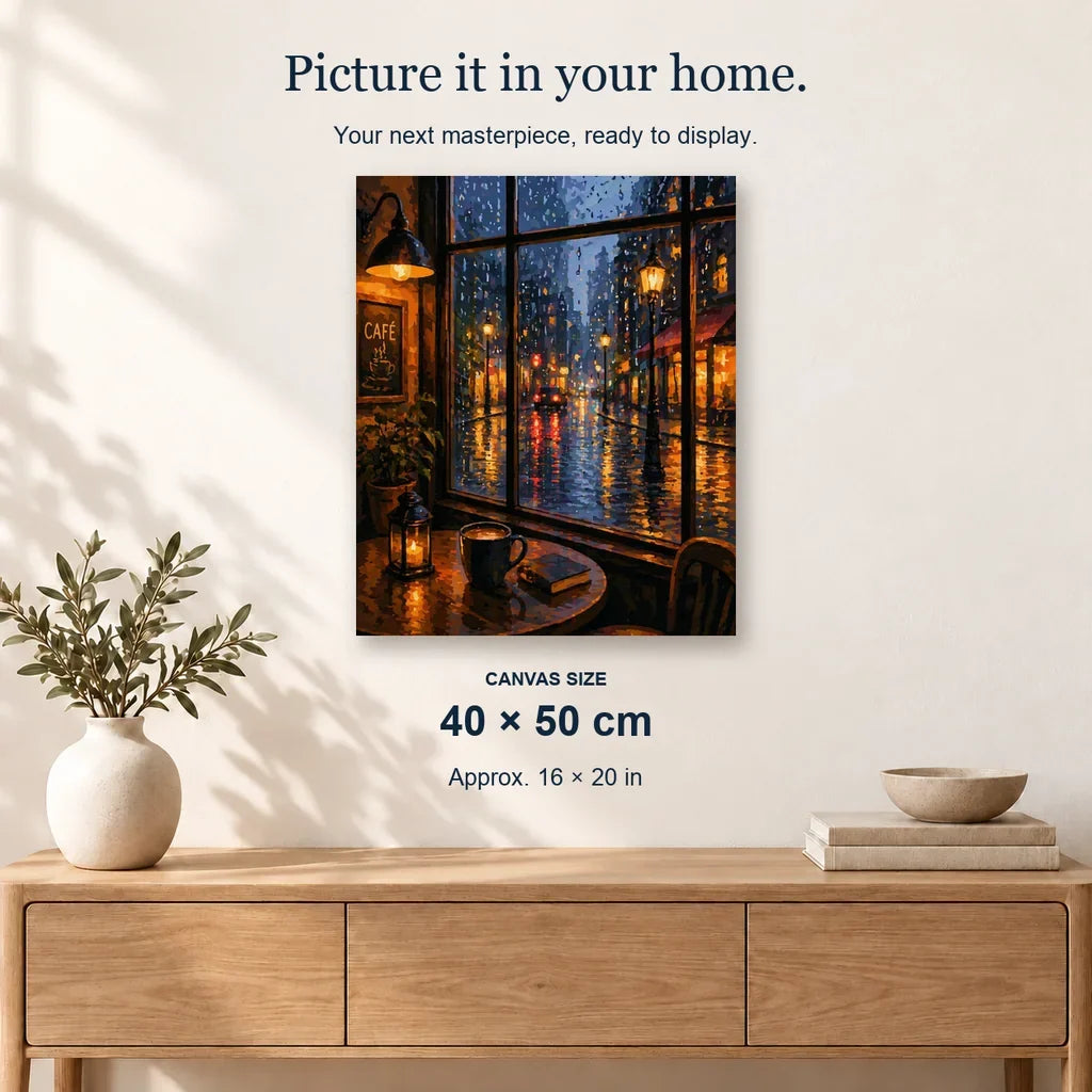 Rainy Café displayed on a sunlit wall above an oak cabinet. Canvas size 40 × 50 cm.