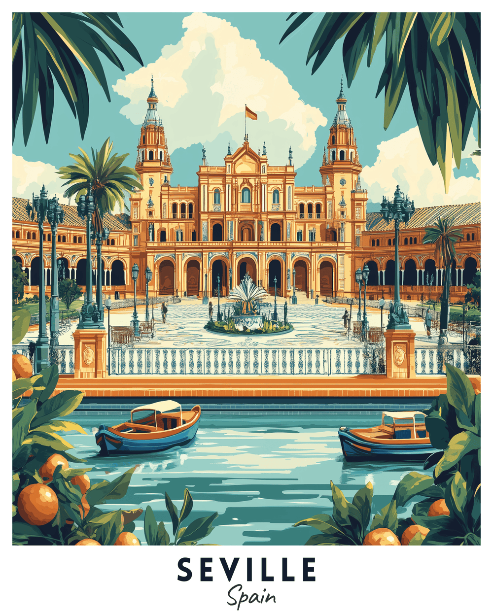 A travel poster depicting the Plaza de España in Seville, Spain, with vibrant colors, lush orange trees, and boats on the water.