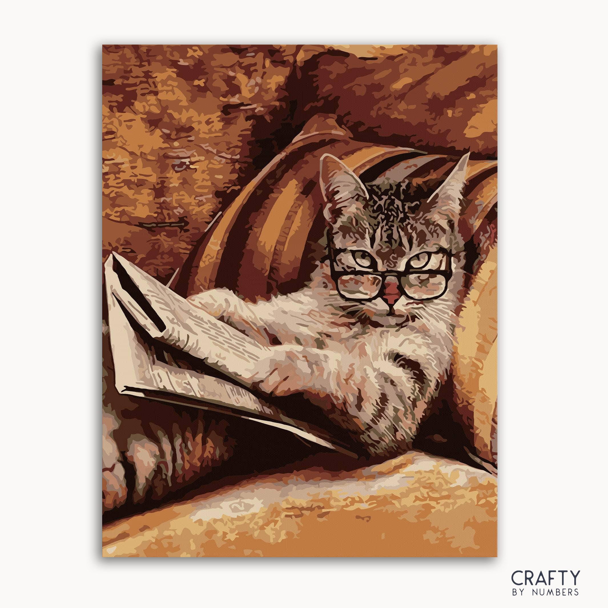 A paint-by-numbers kit image featuring a cat with eyeglasses sitting on a chair, holding a book.