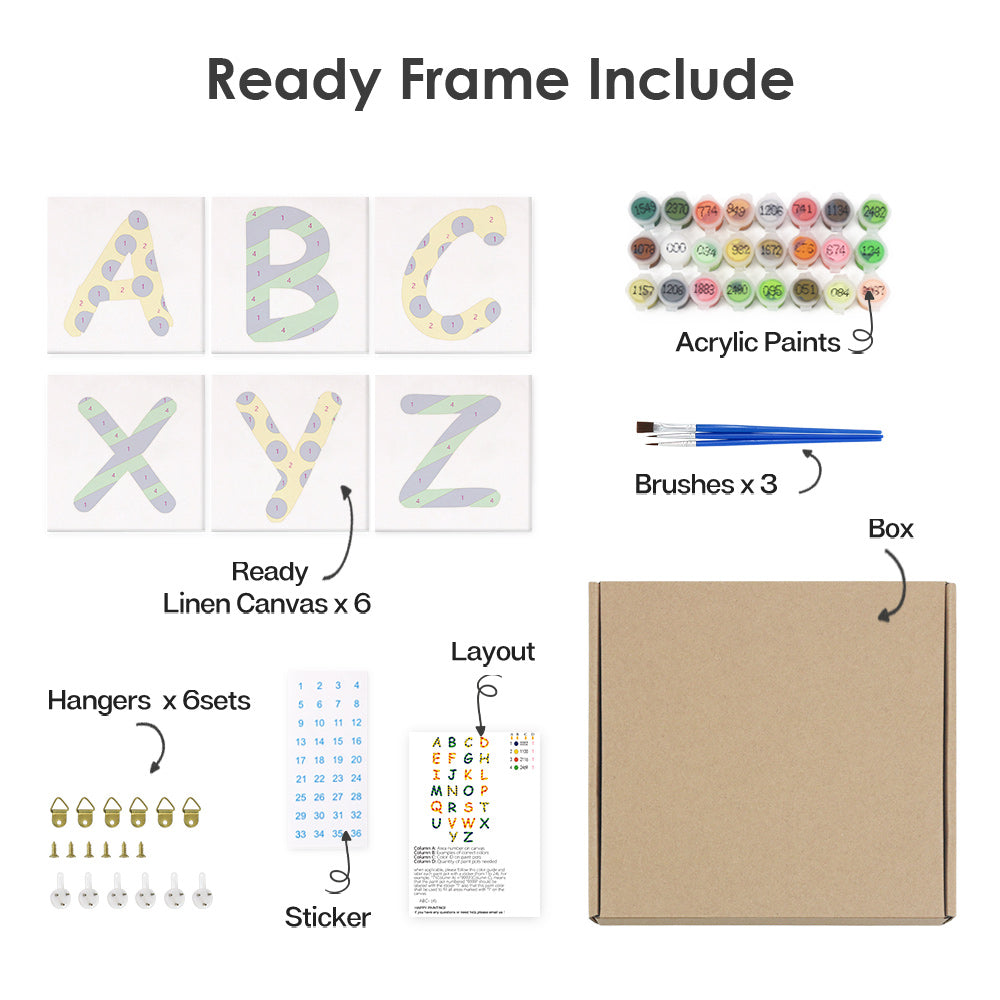 Step-by-step painting guide booklet open to Zigzag Zest Alphabet instructions with color samples and tips. its a ready frame include linen canvas, paint, brushes, box, hangers, sticker, layout.