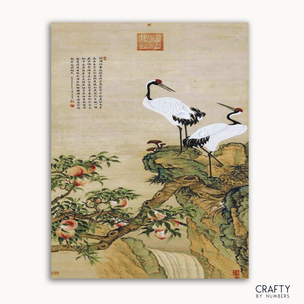 A paint-by-numbers kit depicting a Red-Crowned Crane standing on a branch with apples, against a beige background.