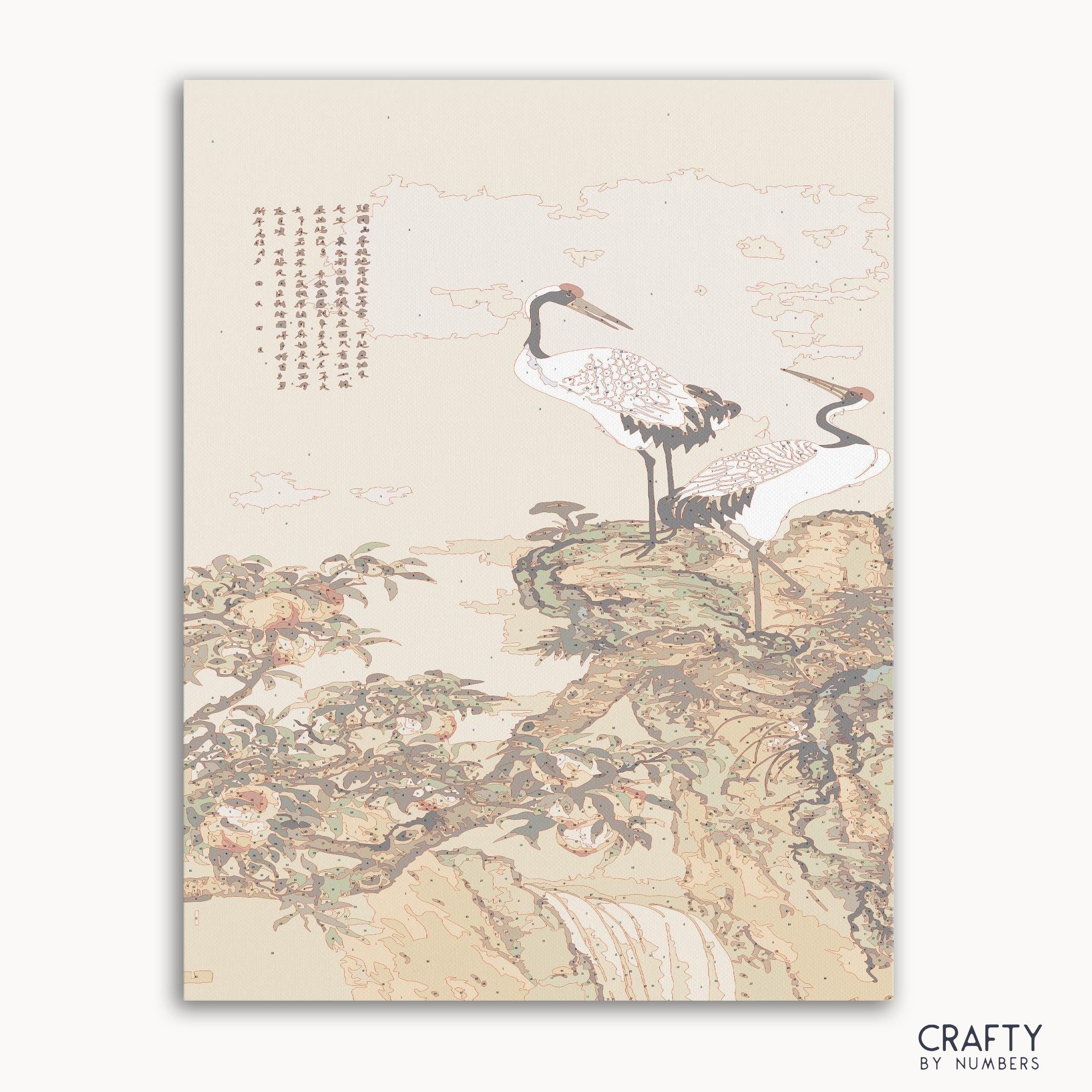 Red-Crowned Crane paint by number inspired by famous paintings, capturing the elegance of nature with vincent van gogh famous paintings style influence.