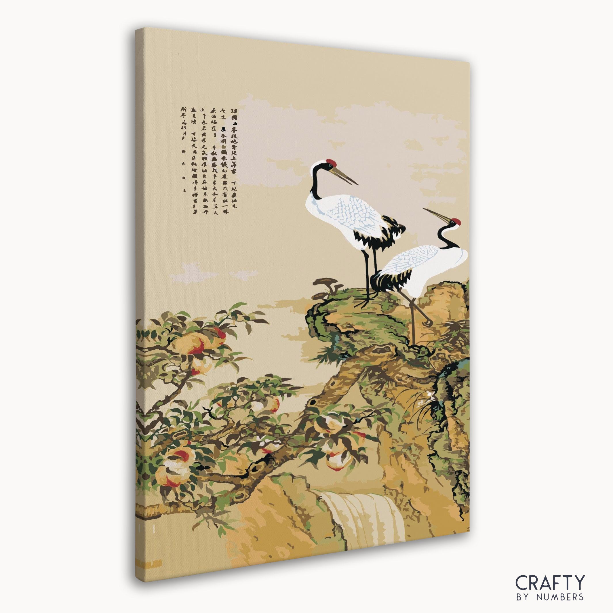 Detailed Red-Crowned Crane paint by number artwork alongside most famous paintings, showcasing vivid colors and famous landscape paintings techniques.