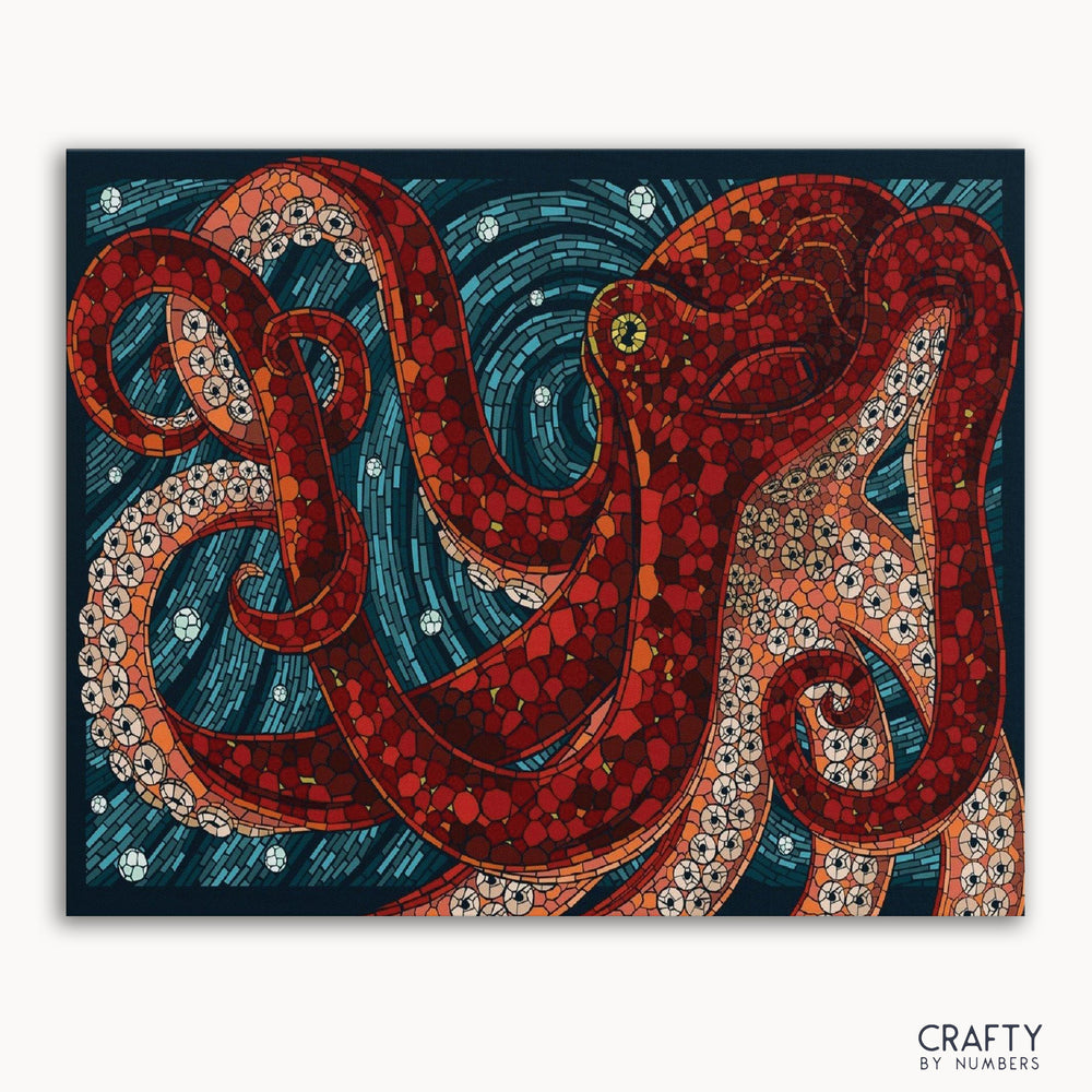 A paint-by-numbers kit depicting a red octopus with intricate patterns on a framed canvas.