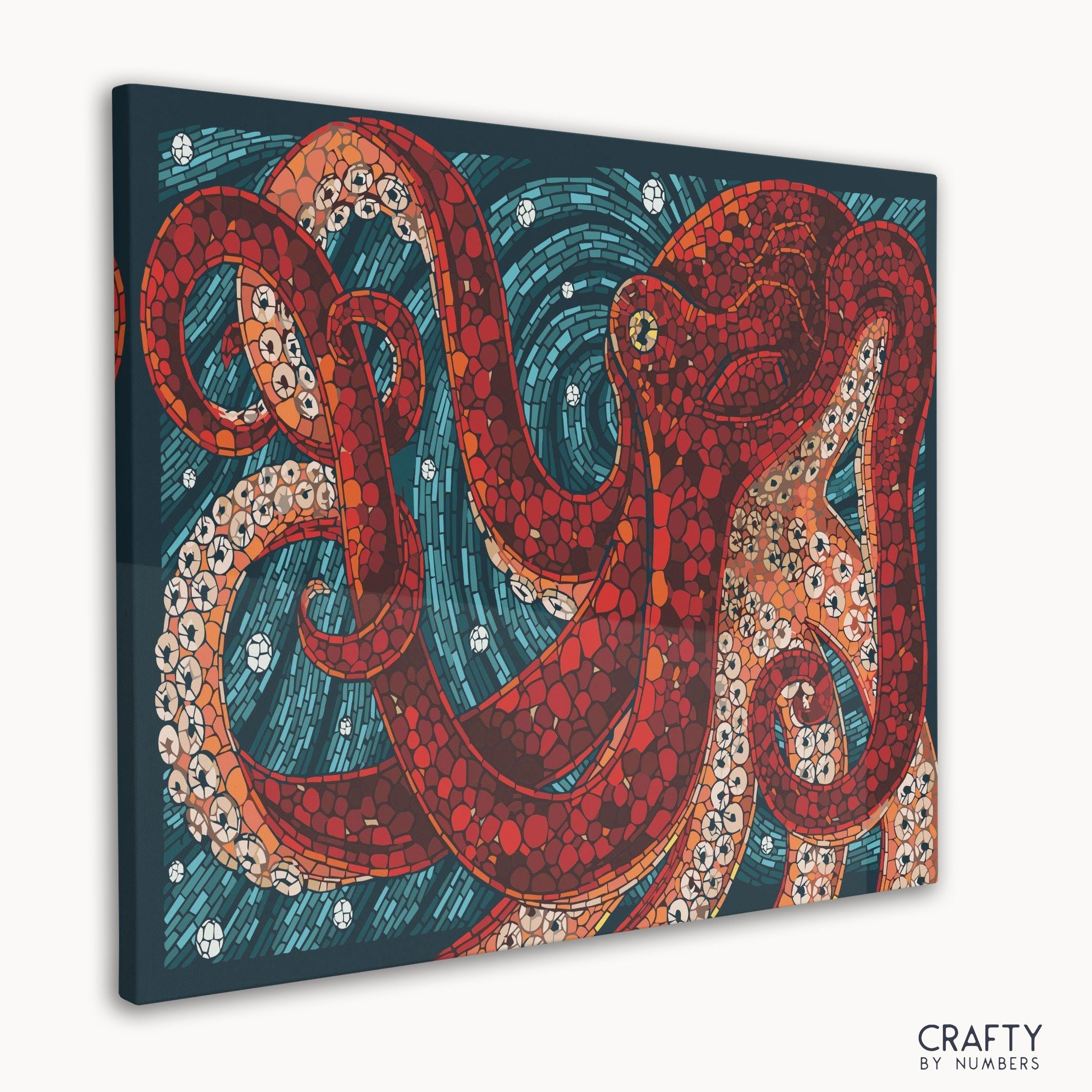Vibrant Red Octopus paint by number with style reminiscent of van gogh famous paintings and famous flower paintings.