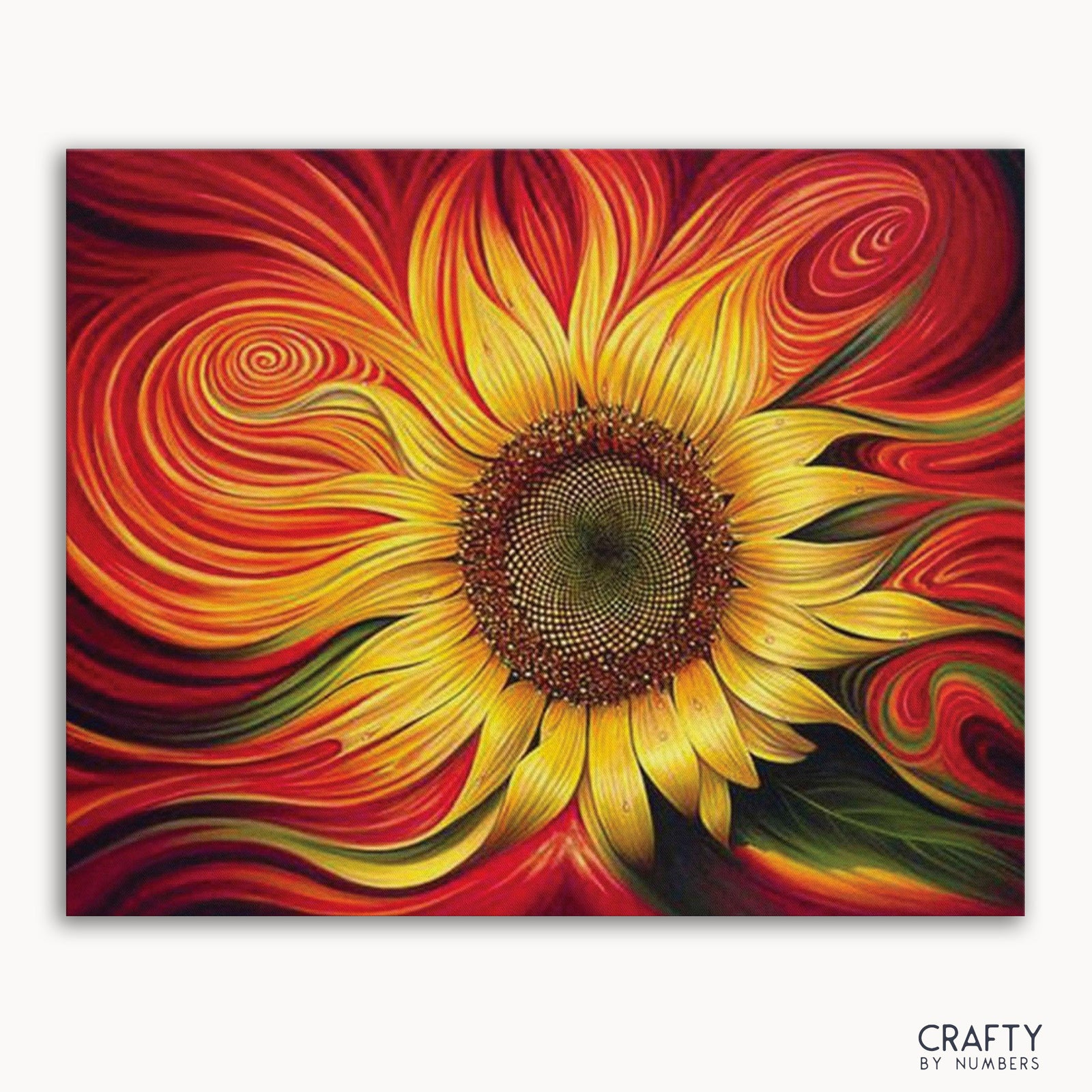 Un kit de peinture par numéros représentant un tournesol rouge avec un fond vibrant et coloré.