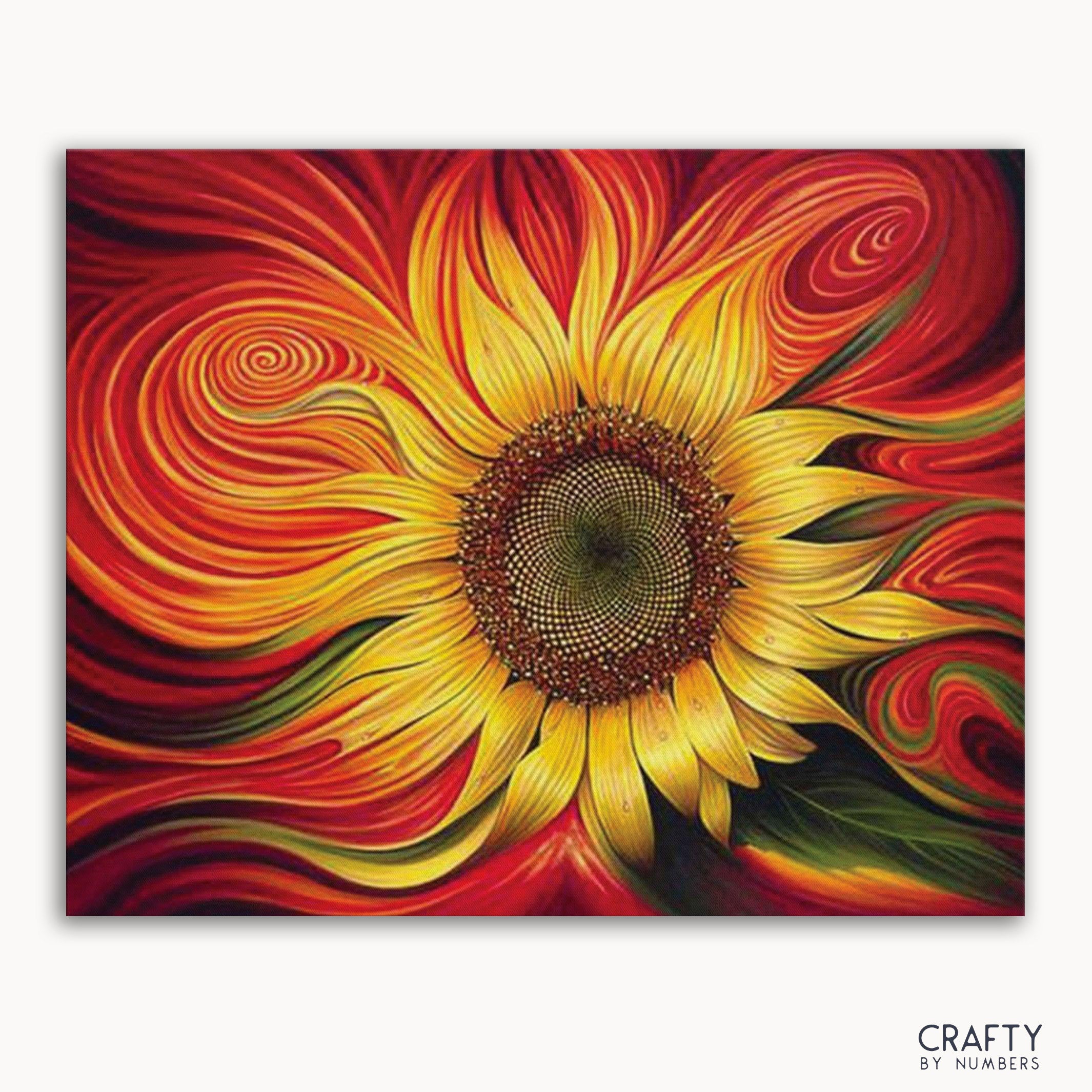 A paint by numbers kit depicting a red sunflower with a vibrant and colorful background.