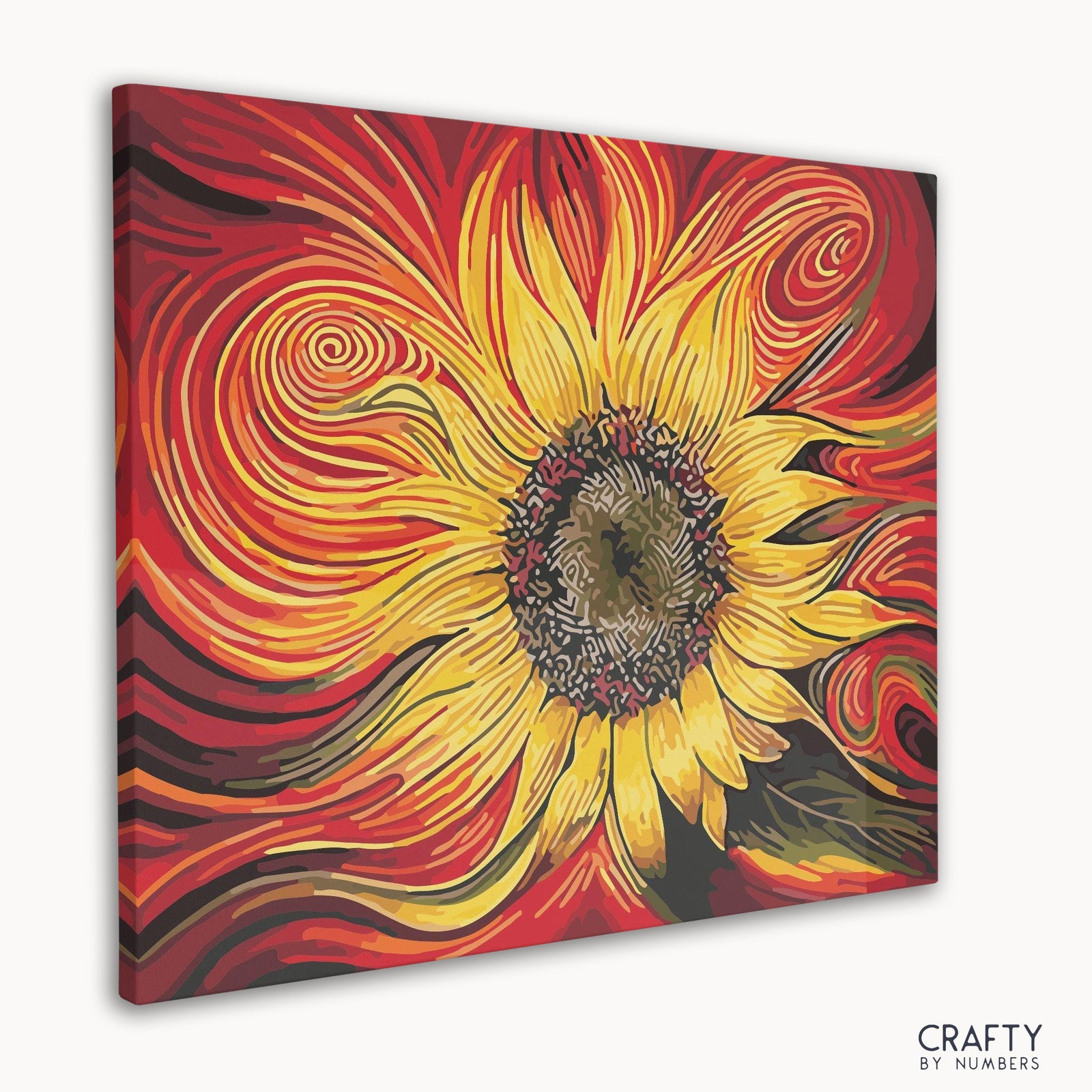 Peinture de tournesol rouge vif par numéro évoquant l'essence des célèbres peintures en couleur de Vincent Van Gogh.