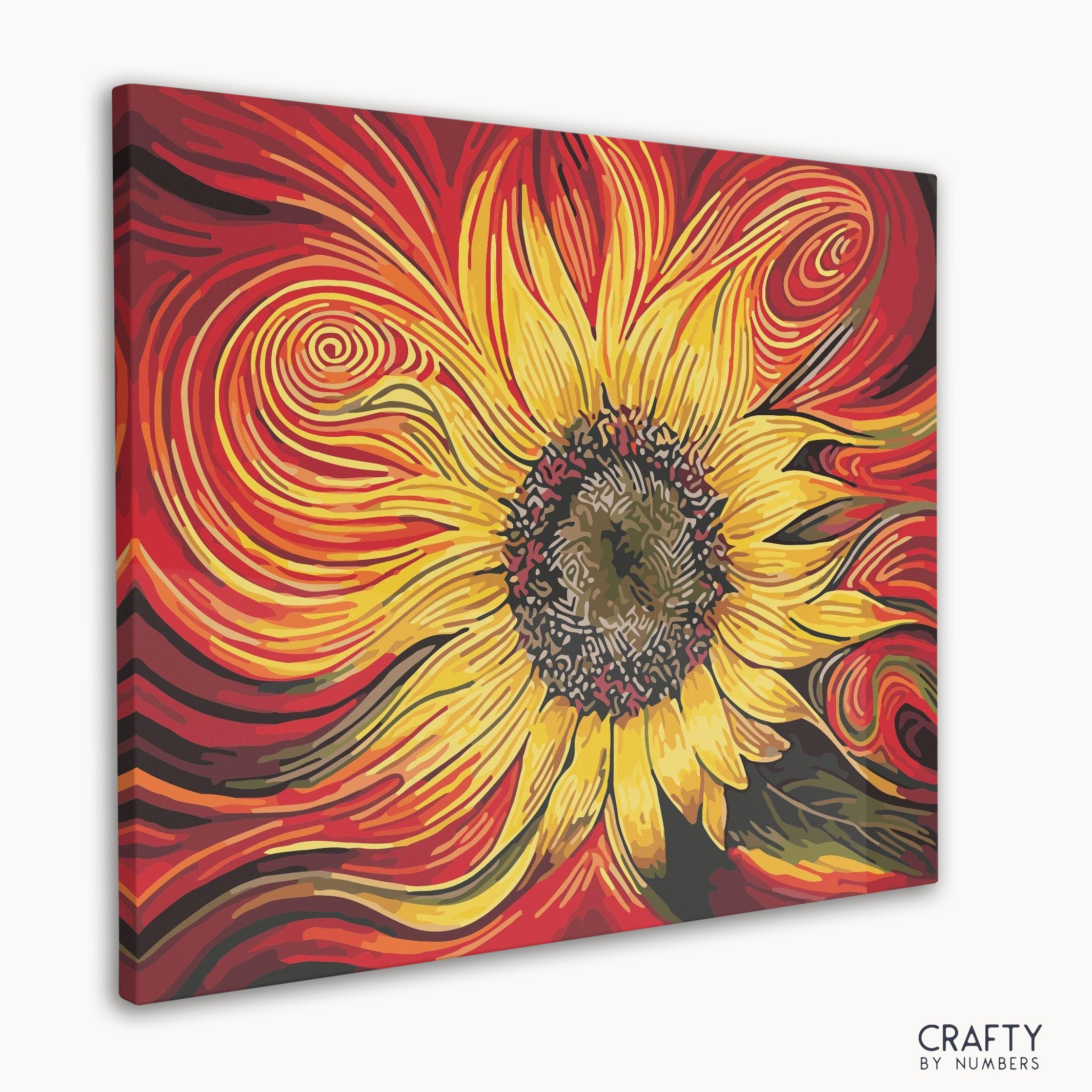 Vibrant Red Sunflower paint by number evoking the essence of vincent van gogh famous paintings in color.