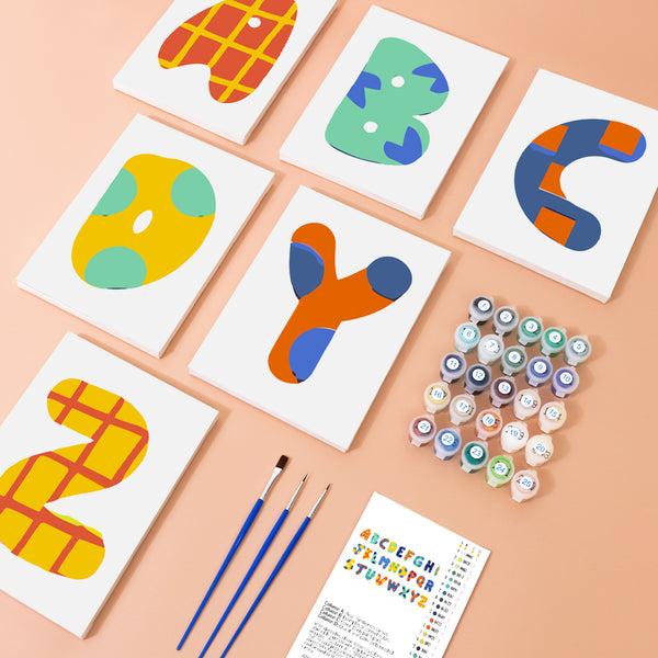 Close-up of the Roar & Learn Alphabet numbered linen canvas showing detailed sections for precise painting of a quirky monster letter