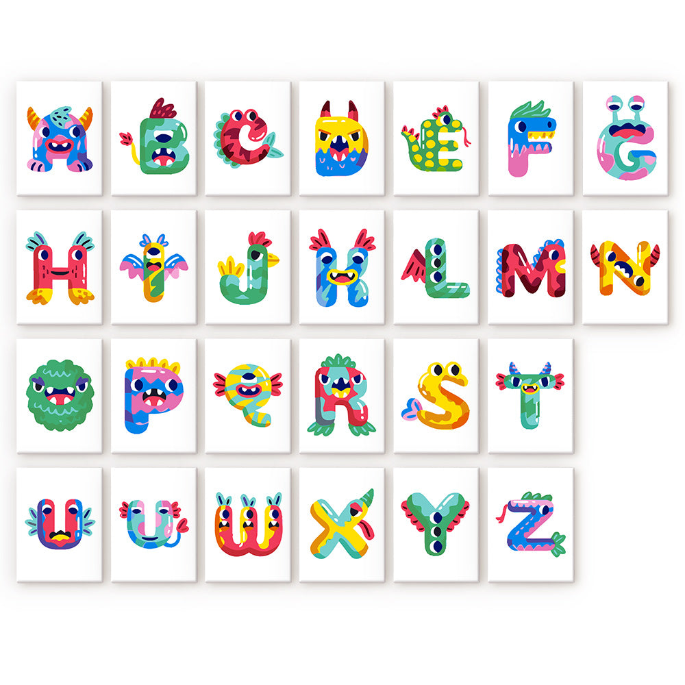Roar & Learn Alphabet paint by numbers kit featuring a colorful monster-themed letter A with horns and googly eyes on a 6x8 inch linen canvas
