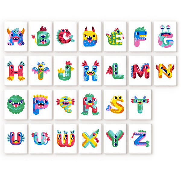 Roar & Learn Alphabet paint by numbers kit featuring a colorful monster-themed letter A with horns and googly eyes on a 6x8 inch linen canvas