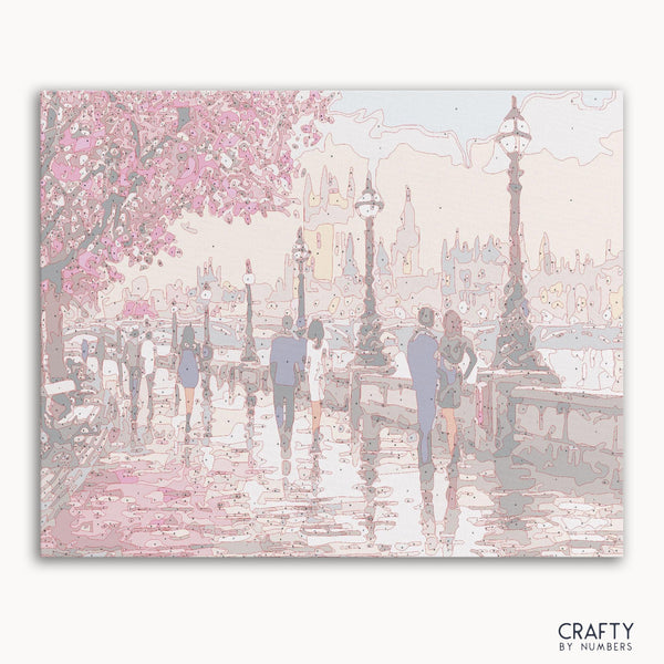 Romantic Raining Park London paint by numbers kit canvas showing rainy park scene.