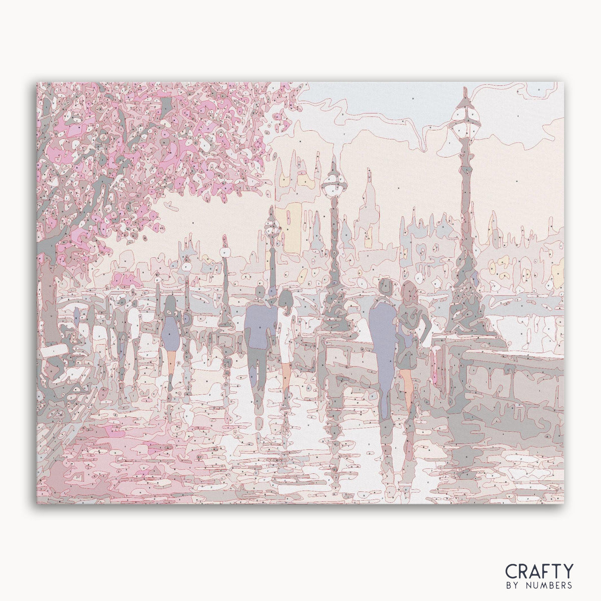 Kit de peinture par numéros romantique Raining Park London montrant une scène de parc pluvieux.