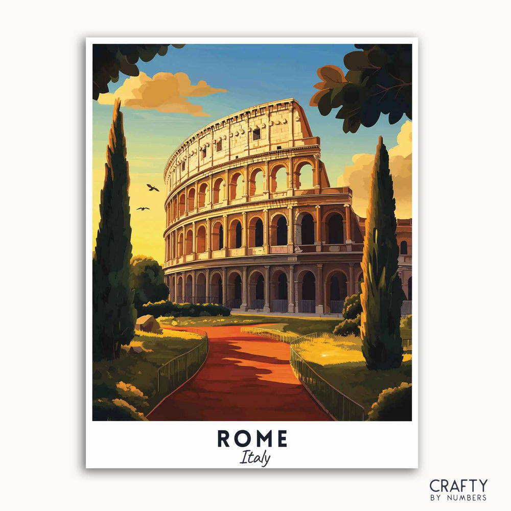 A travel poster depicting the Colosseum in Rome, Italy, with a pathway leading up to it, surrounded by greenery and a blue sky.