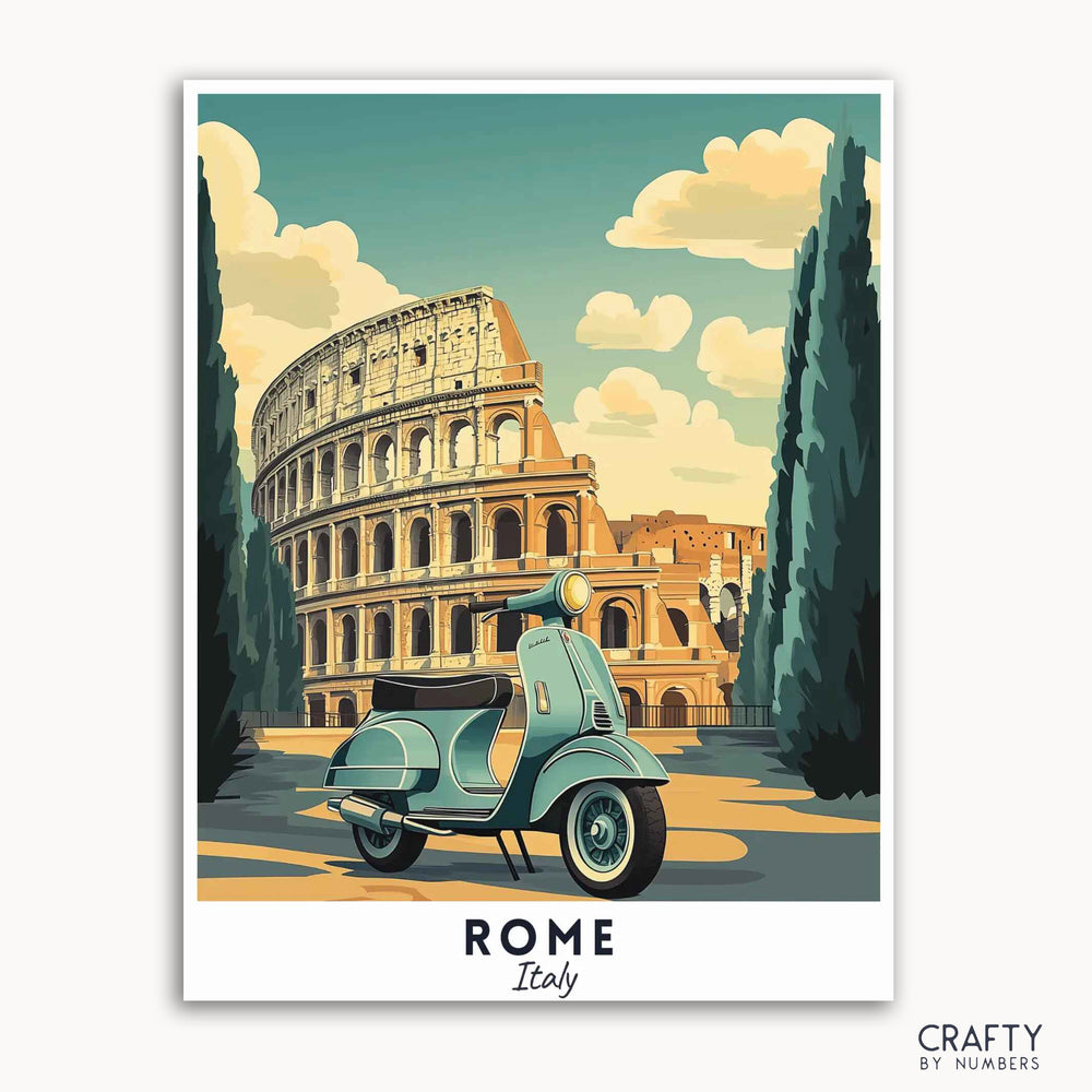 A travel poster depicting a classic Vespa scooter in front of the Colosseum in Rome, Italy, with a clear blue sky and green trees in the background.