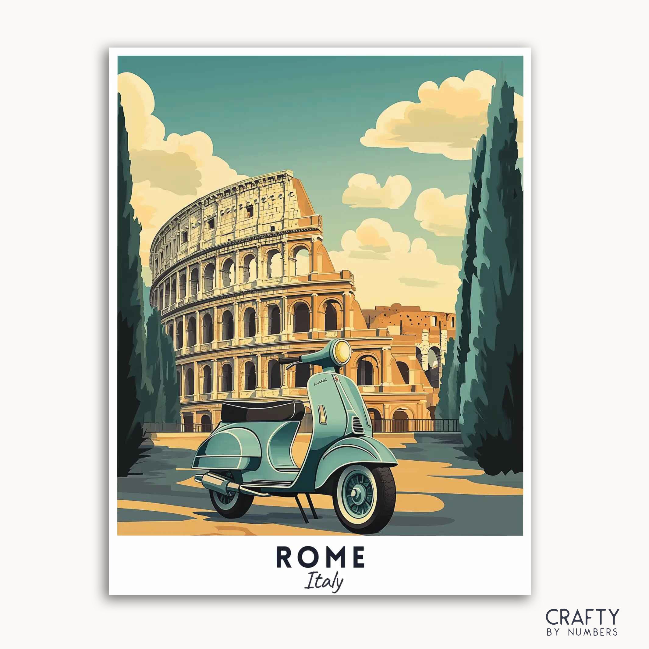 A travel poster depicting a classic Vespa scooter in front of the Colosseum in Rome, Italy, with a clear blue sky and green trees in the background.