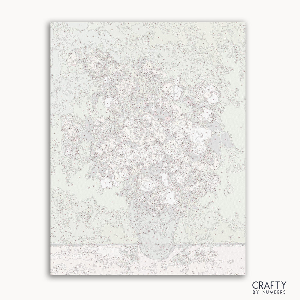 Roses paint by numbers kit inspired by Vincent Van Gogh famous paintings, showcasing vibrant colors and texture