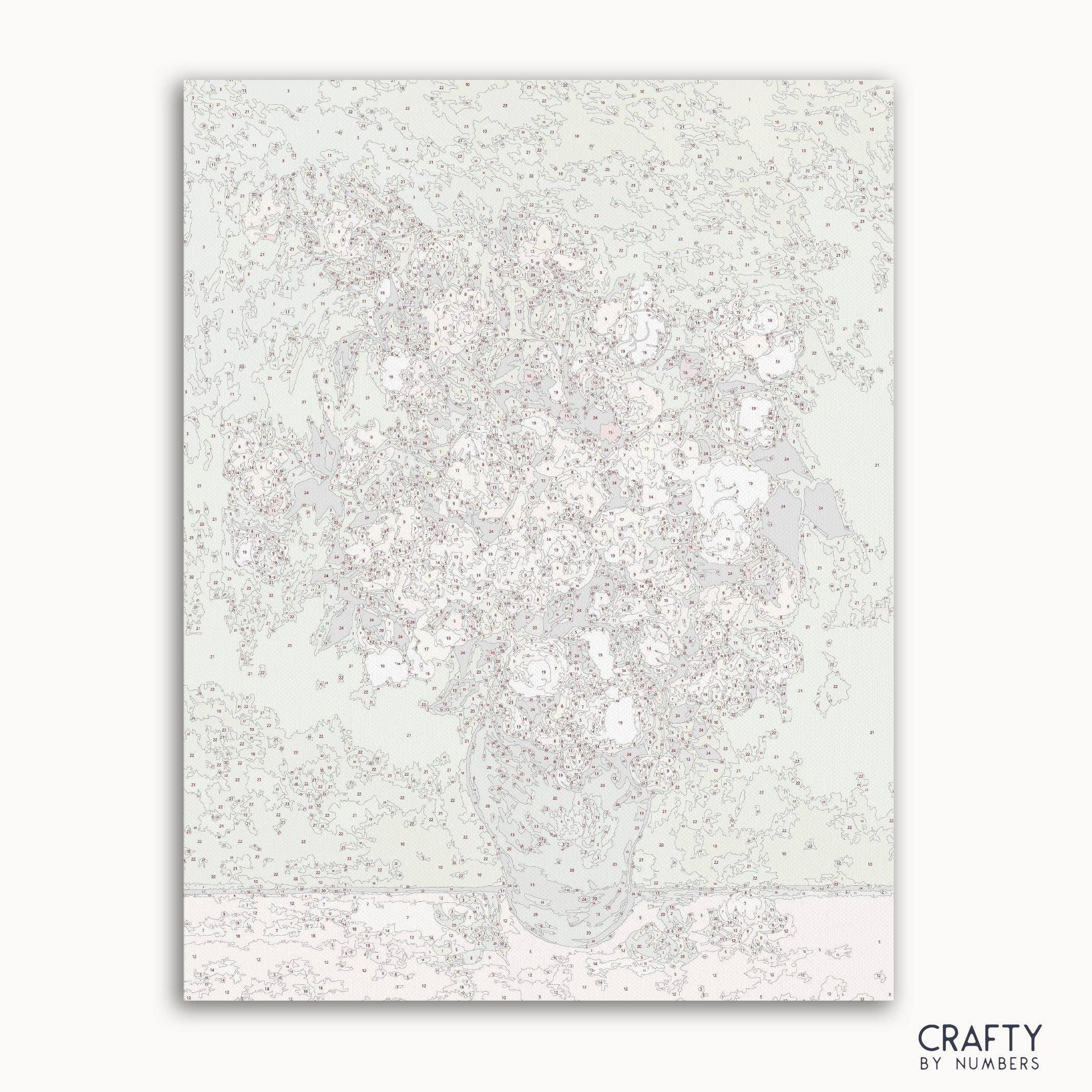 Roses paint by numbers kit inspired by Vincent Van Gogh famous paintings, showcasing vibrant colors and texture