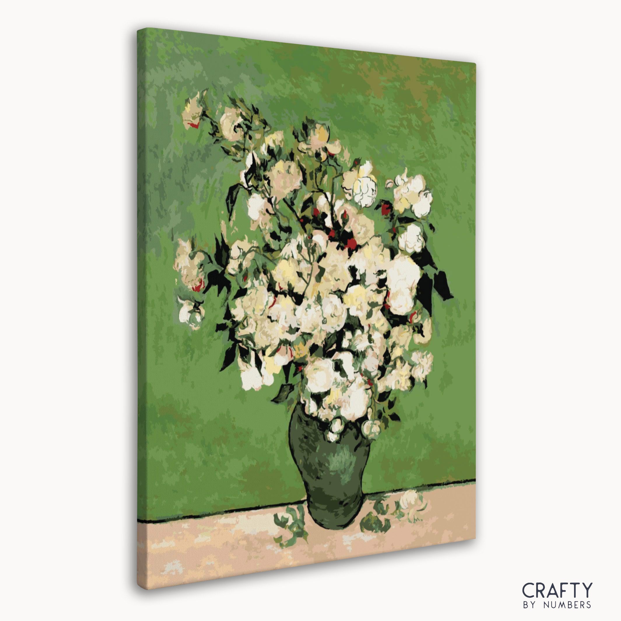 Close-up of Van Gogh famous paintings Roses with thick brush strokes in this paint by numbers classic art kit