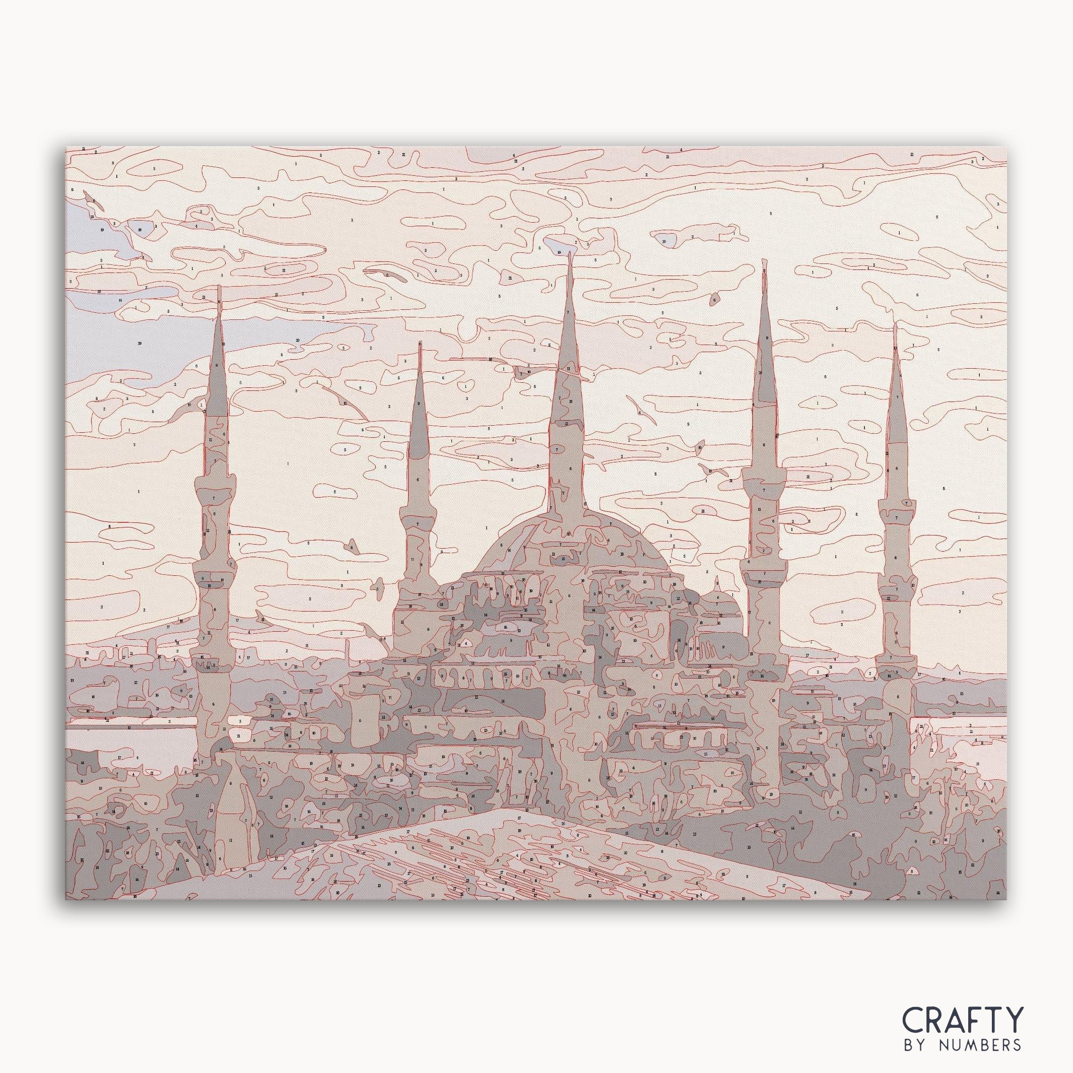 Royal Mosque paint by number featuring intricate details, famous paintings, vincent van gogh famous paintings, most famous paintings, famous landscape paintings