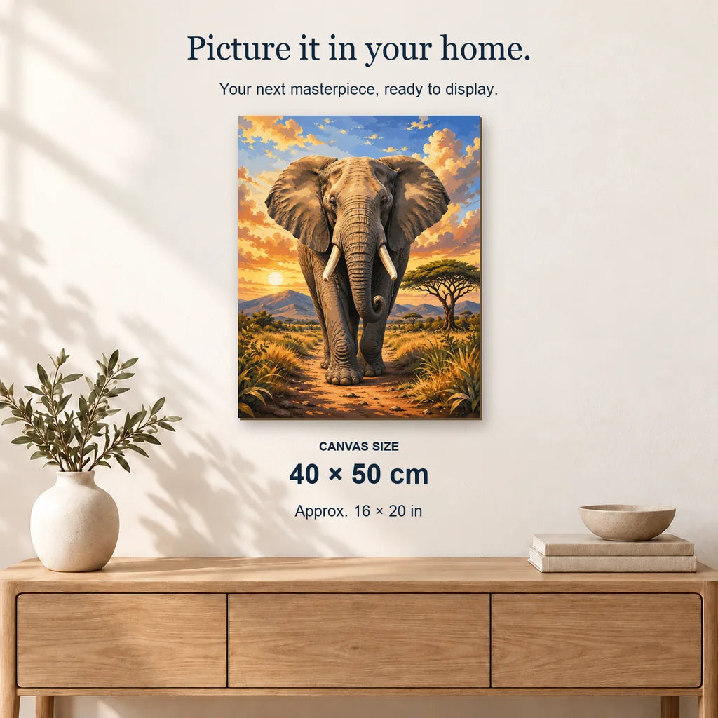 Safari Elephant displayed on a sunlit wall above an oak cabinet. Canvas size 40 × 50 cm.