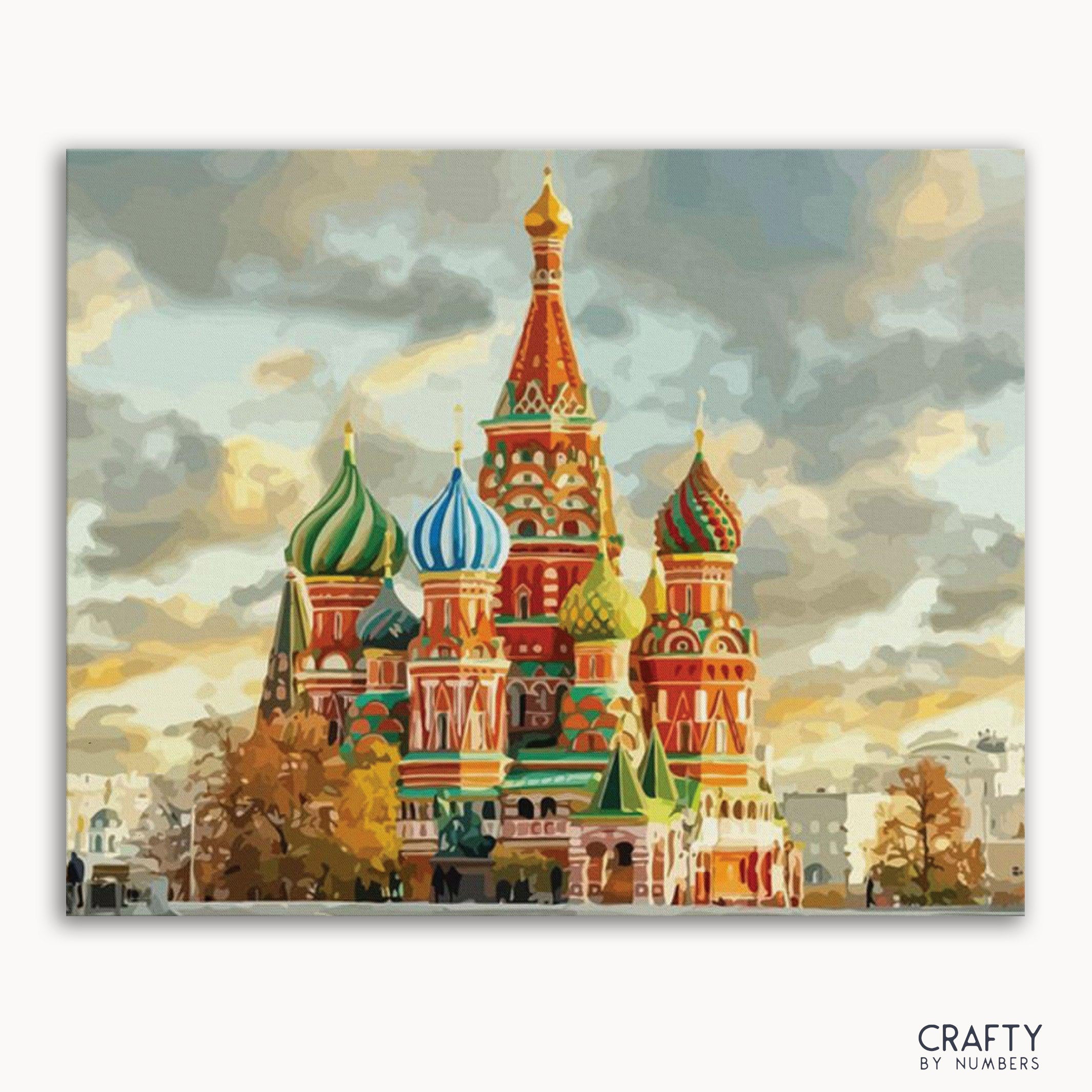 A paint-by-numbers kit image featuring a vibrant depiction of Saint Basil's Church with a clear sky in the background.