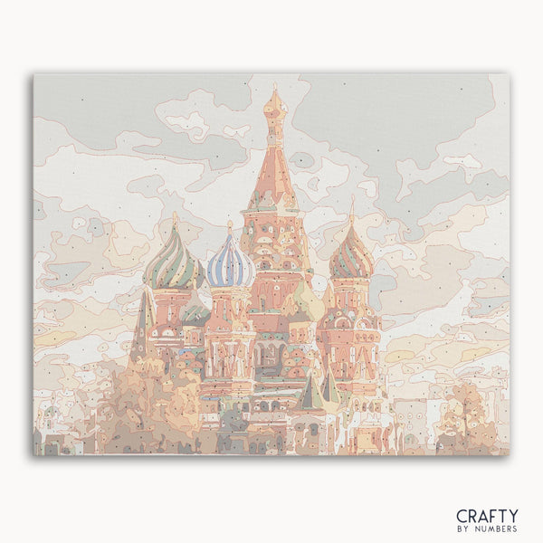 Saint Basil's Church paint by number depicting colorful domes with intricate patterns, famous paintings, vincent van gogh famous paintings, most famous paintings, famous landscape paintings.