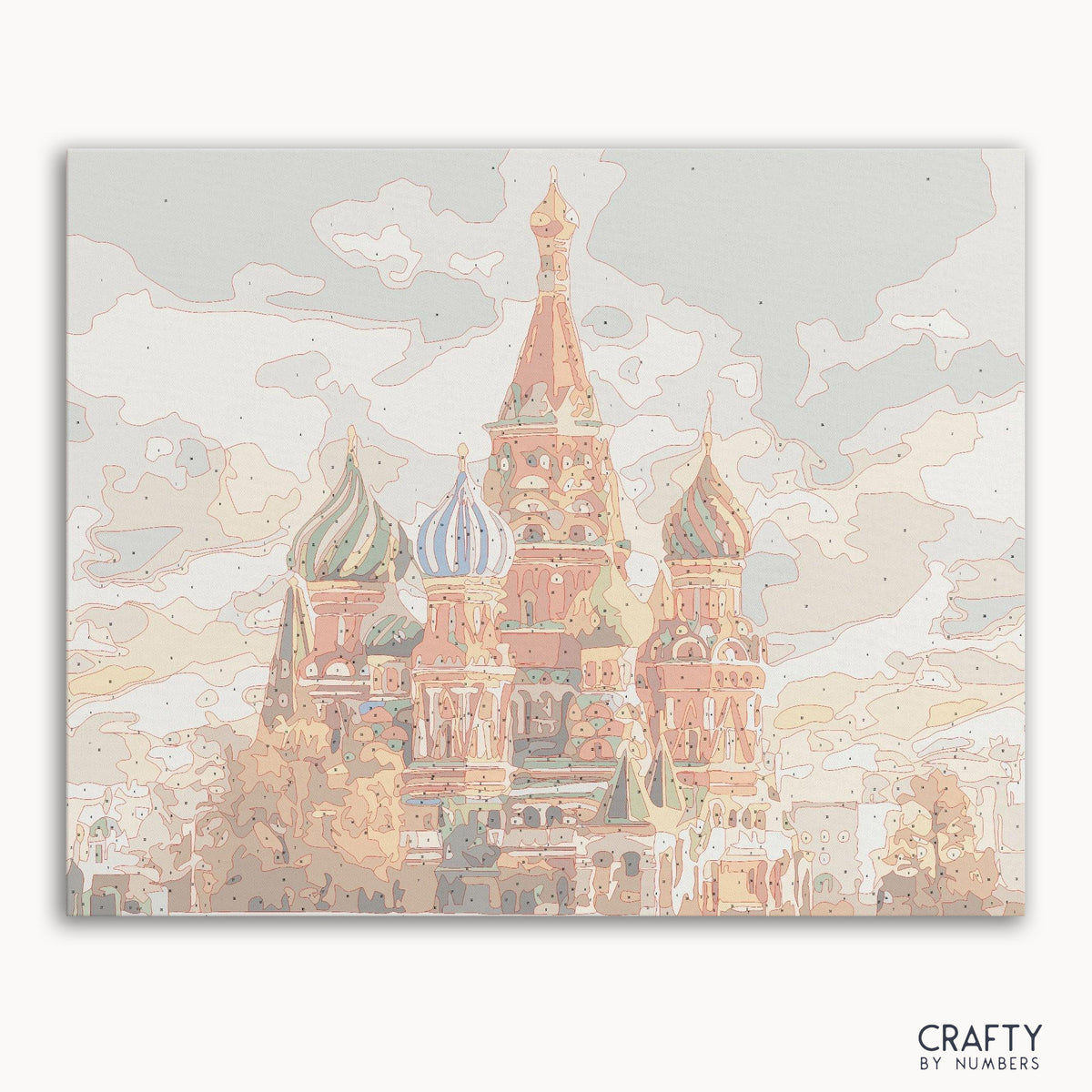 Peinture de l'église Saint-Basile par numéro représentant des dômes colorés avec des motifs complexes, des peintures célèbres, des peintures célèbres de Vincent van Gogh, des peintures les plus célèbres, des peintures de paysages célèbres.