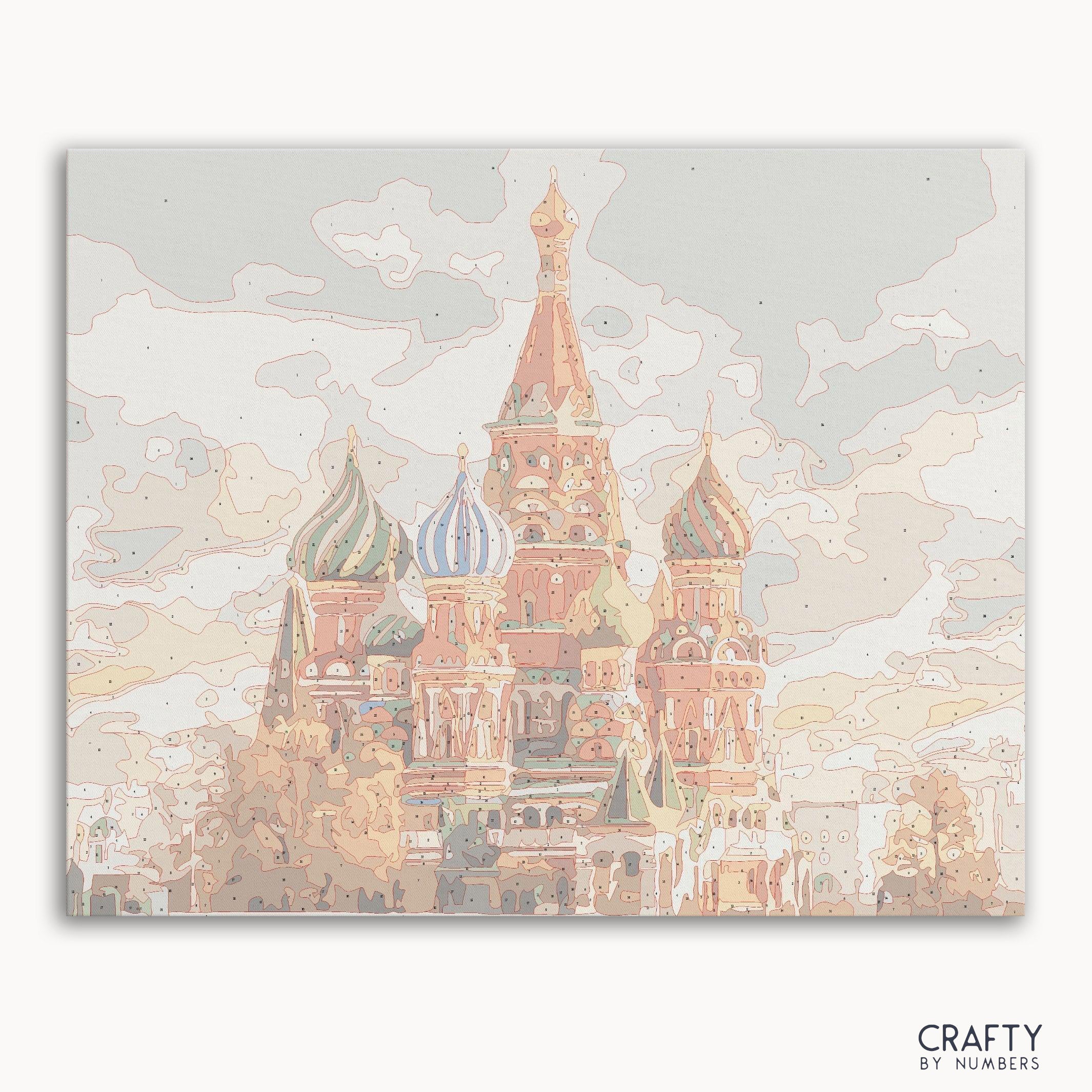 Saint Basil's Church paint by number depicting colorful domes with intricate patterns, famous paintings, vincent van gogh famous paintings, most famous paintings, famous landscape paintings.