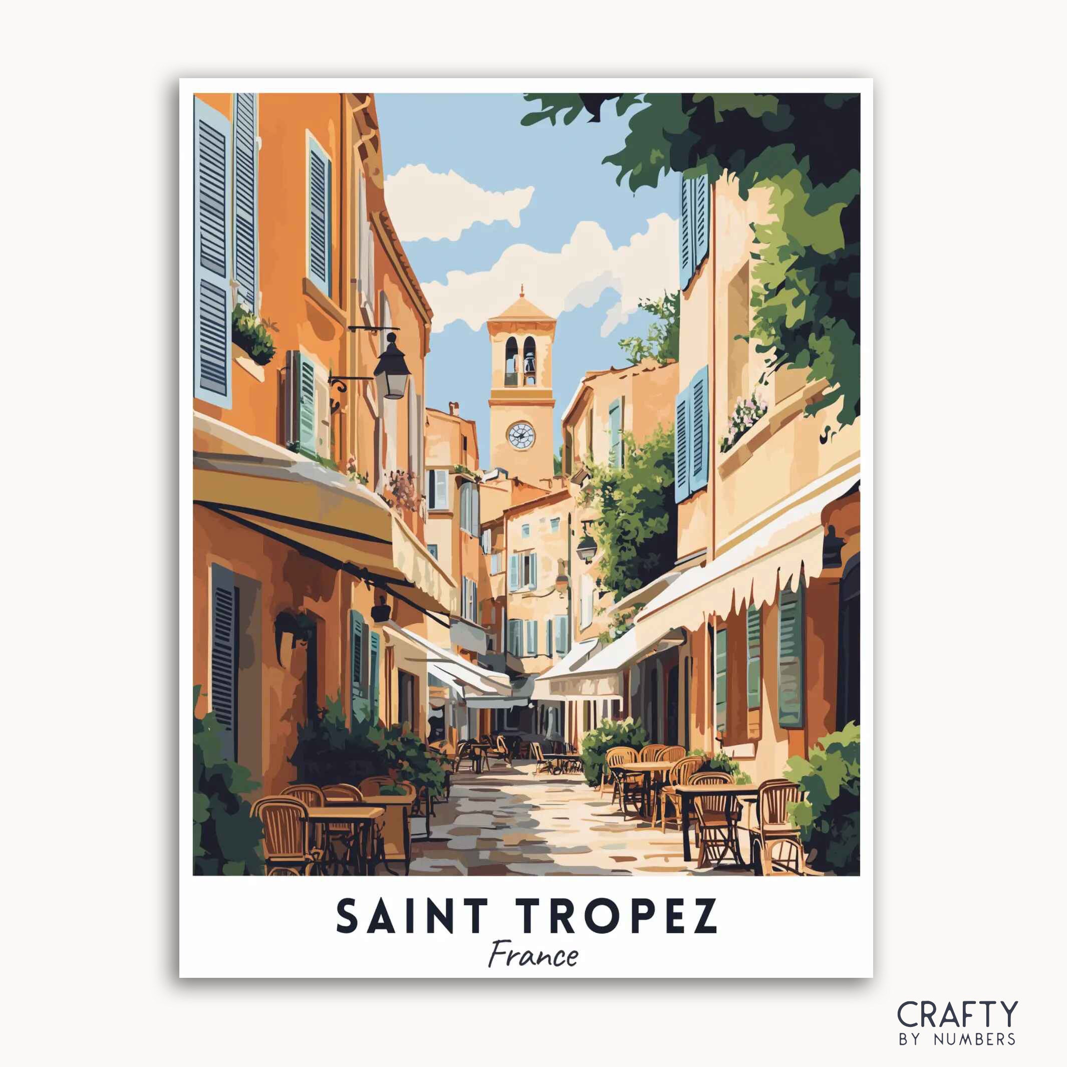 A travel poster depicting the quaint streets and architecture of Saint Tropez, France, with a clock tower in the background.