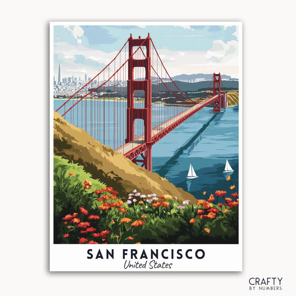 A travel poster depicting the Golden Gate Bridge in San Francisco with a vibrant blue sky, red bridge, green hills, and a colorful flower foreground. The poster has the text 'San Francisco, United States' at the bottom.