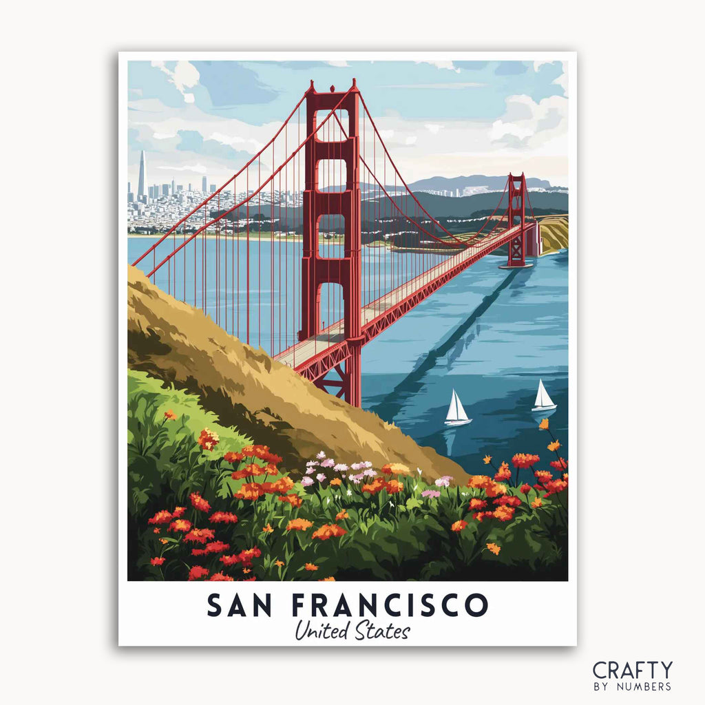 A travel poster depicting the Golden Gate Bridge in San Francisco with a vibrant blue sky, red bridge, green hills, and a colorful flower foreground. The poster has the text 'San Francisco, United States' at the bottom.