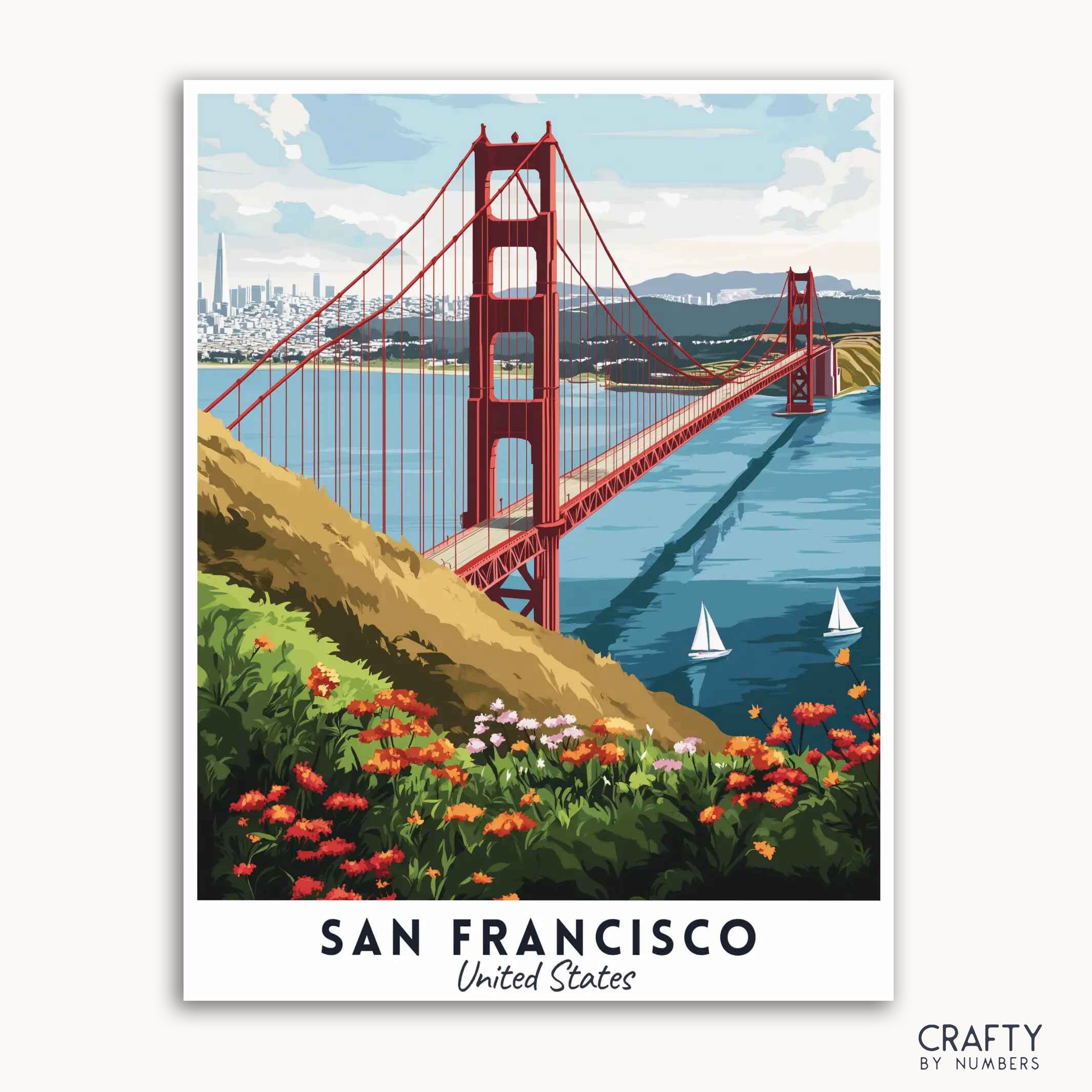 A travel poster depicting the Golden Gate Bridge in San Francisco with a vibrant blue sky, red bridge, green hills, and a colorful flower foreground. The poster has the text 'San Francisco, United States' at the bottom.