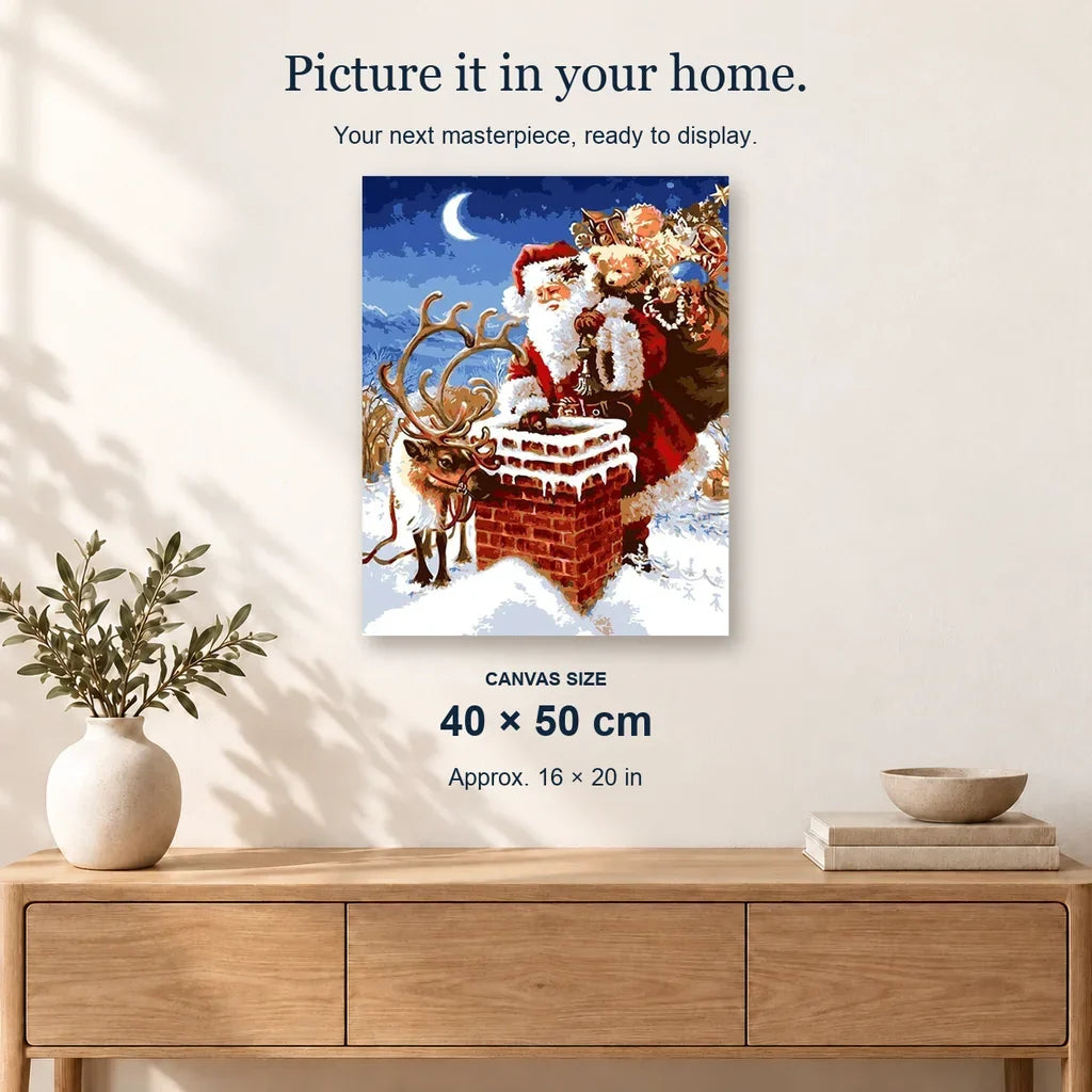 Santa’s Gifts displayed on a sunlit wall. Canvas size 40 × 50 cm.