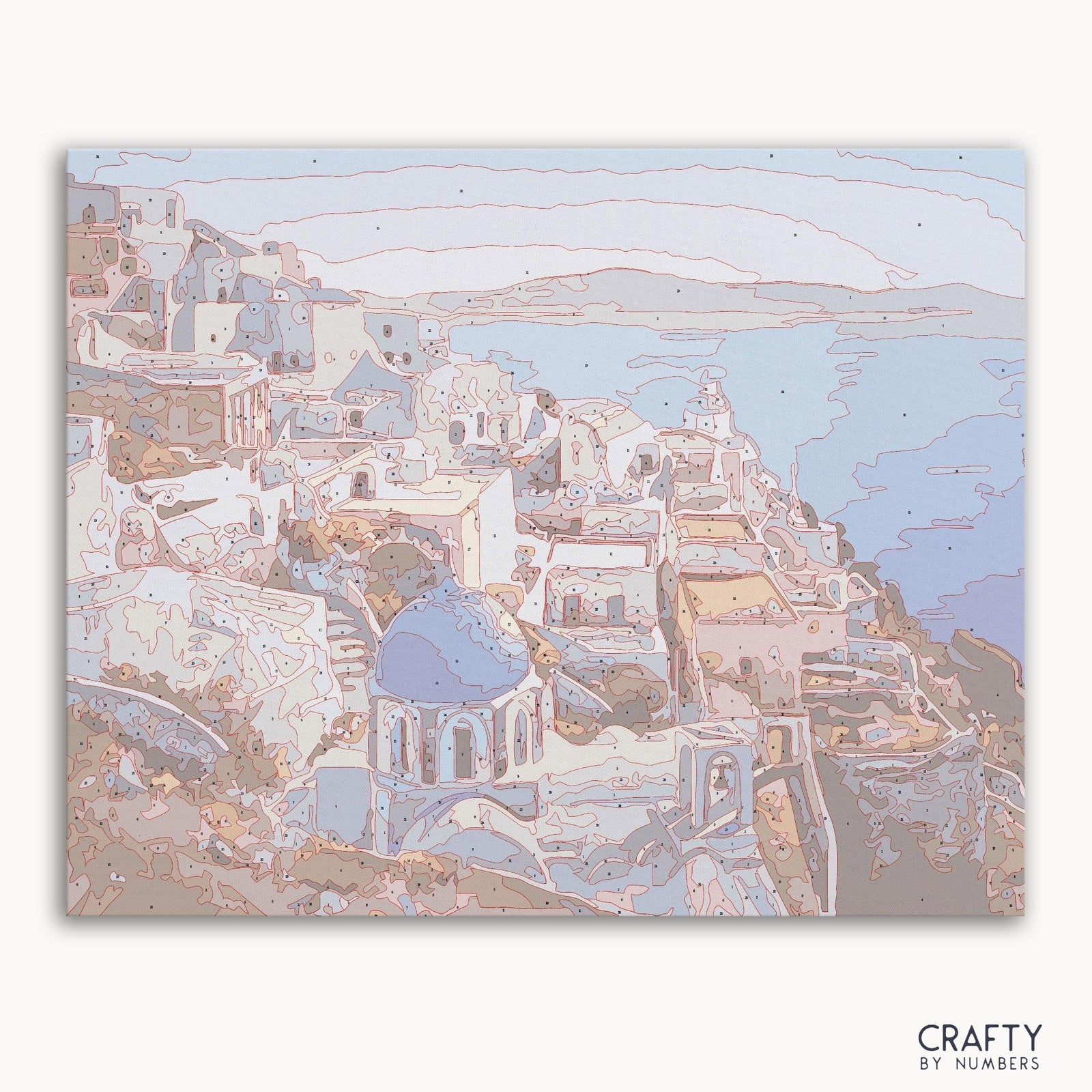 Malen-nach-Zahlen-Leinwand „Santorini-Landschaft“ mit nummerierter Farbkarte