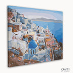 Close-up of vibrant blue and white buildings in Santorini paint kit